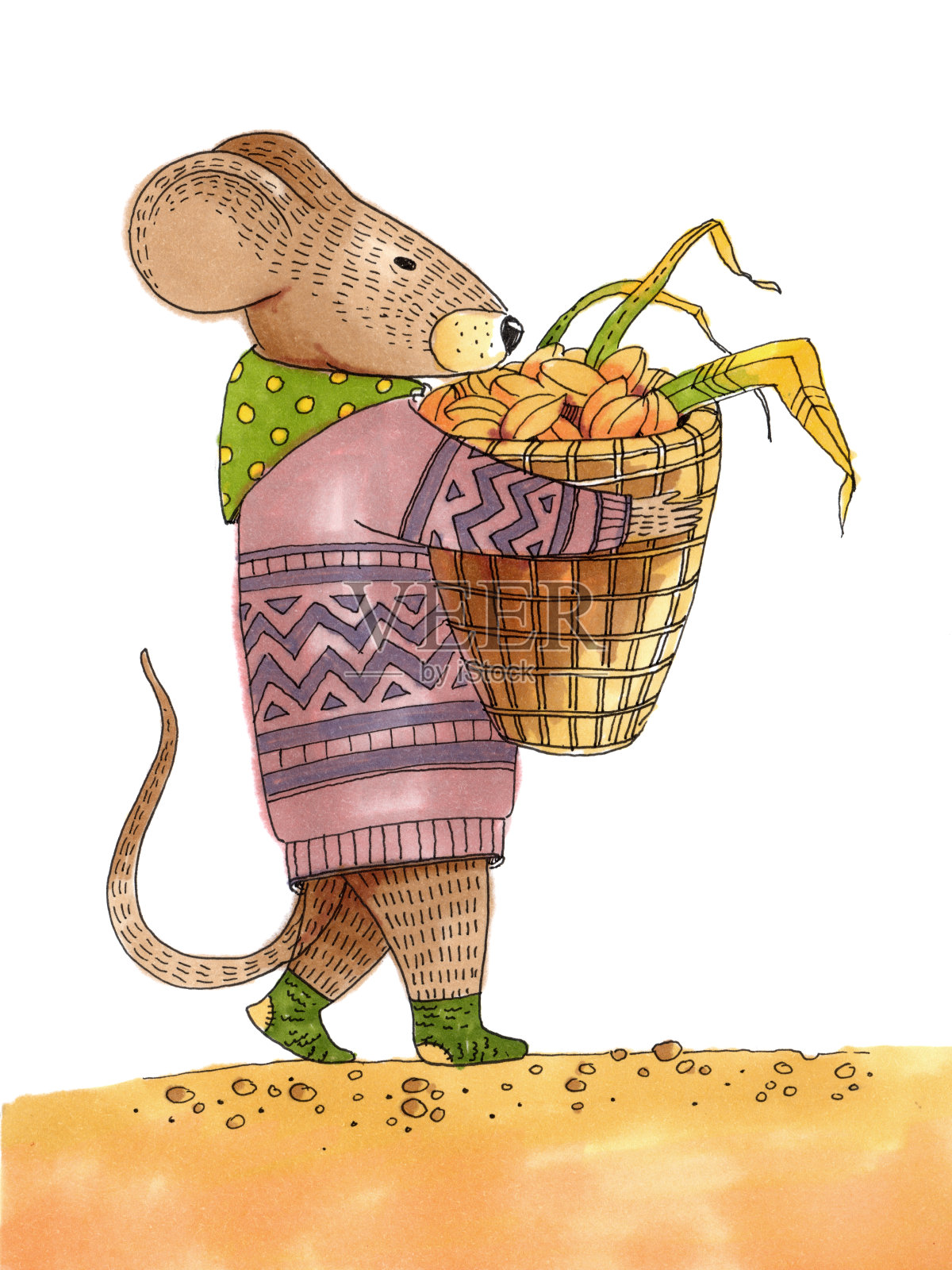 像人类一样可爱的动物。人性化的动物。穿好衣服的老鼠储存冬天的谷物。老鼠提着一个装谷物的篮子插画图片素材