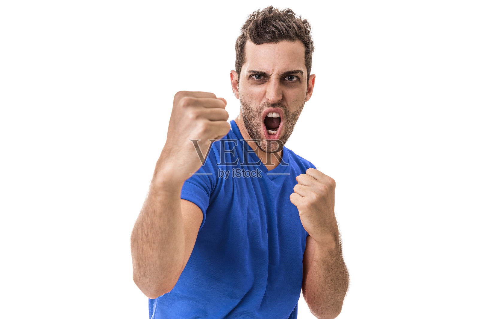 球迷/运动员穿着蓝色制服在白色背景下庆祝照片摄影图片