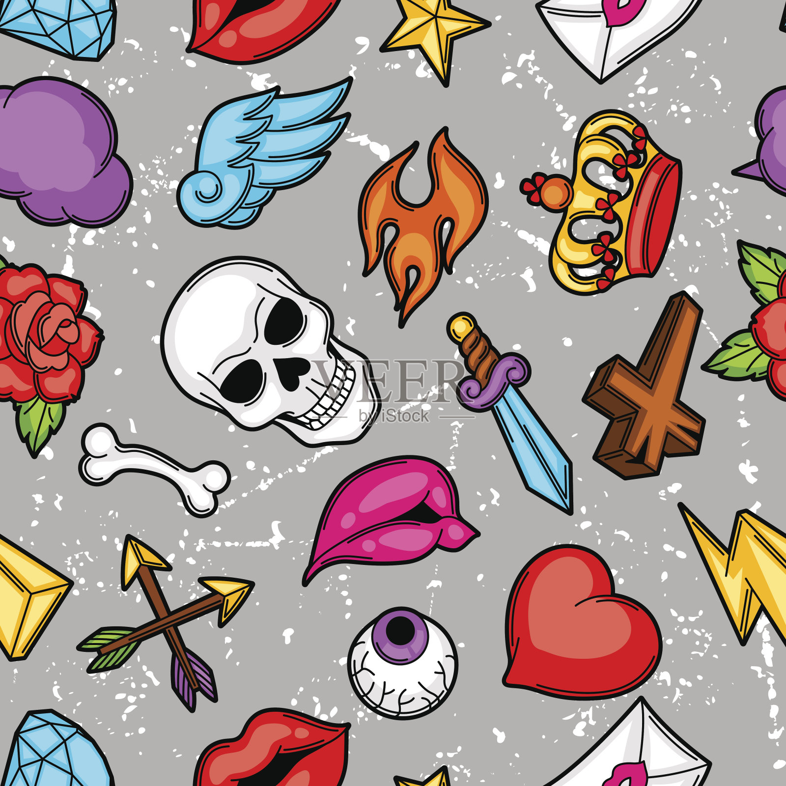 无缝图案与复古纹身符号。卡通老学校插图插画图片素材