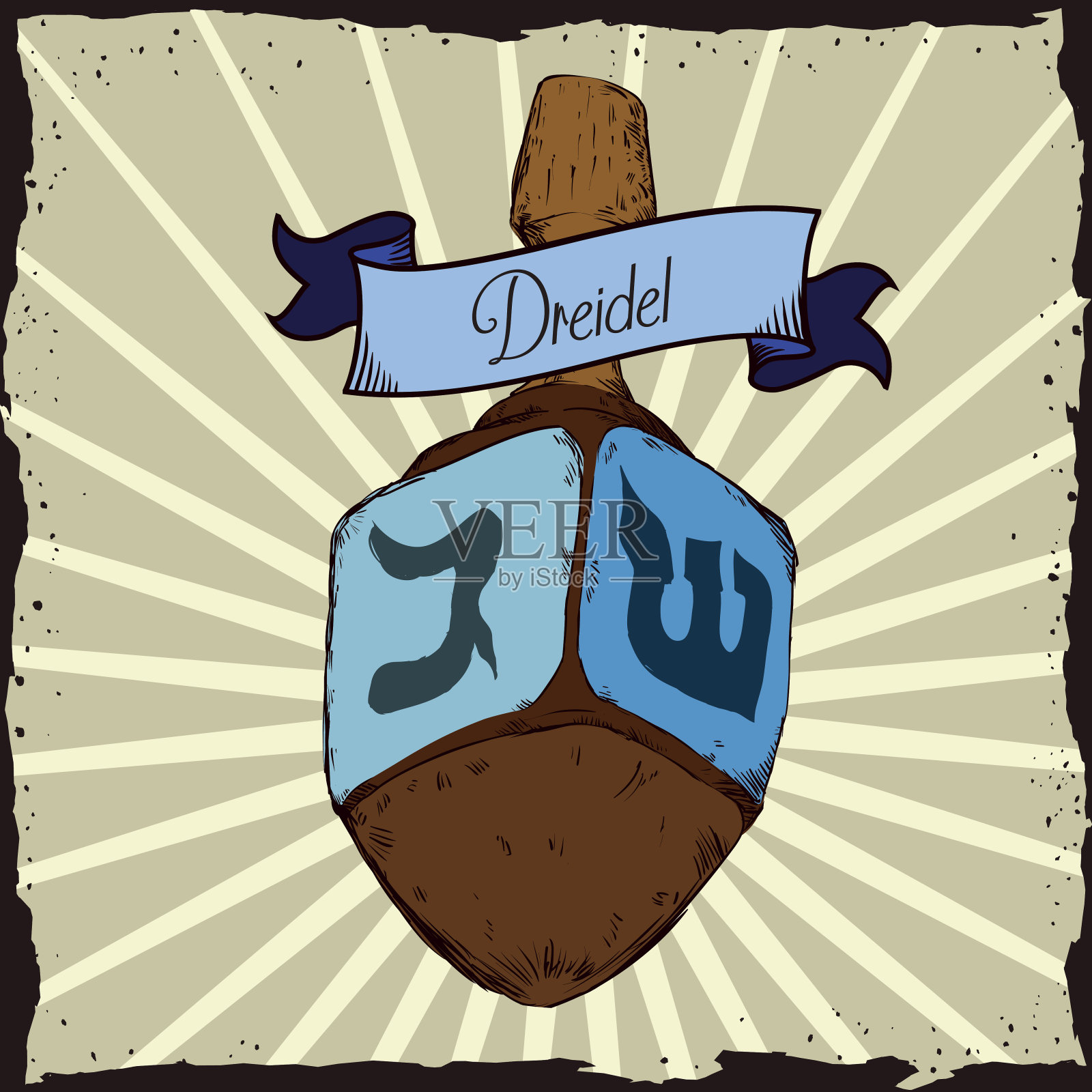 木雕Dreidel在复古海报。插画图片素材