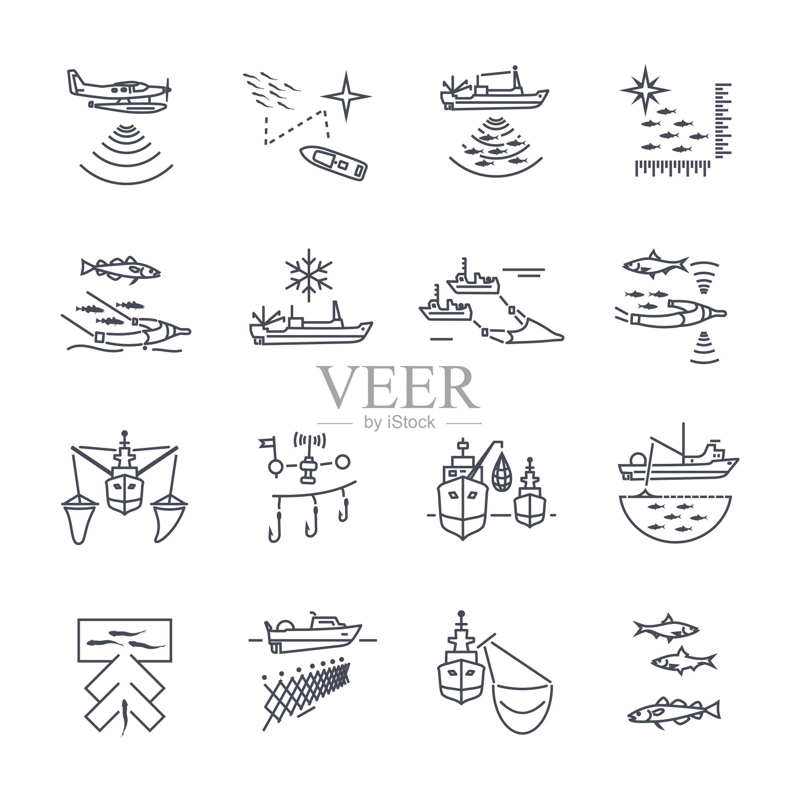 一套细线图标钓鱼过程图标素材