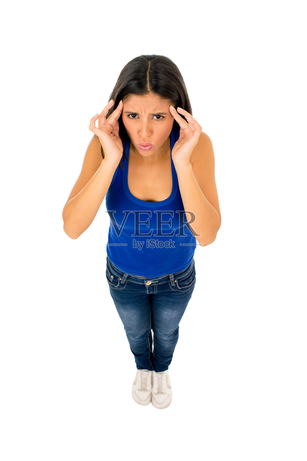 西班牙妇女触摸速度与手指遭受头痛偏头痛照片摄影图片