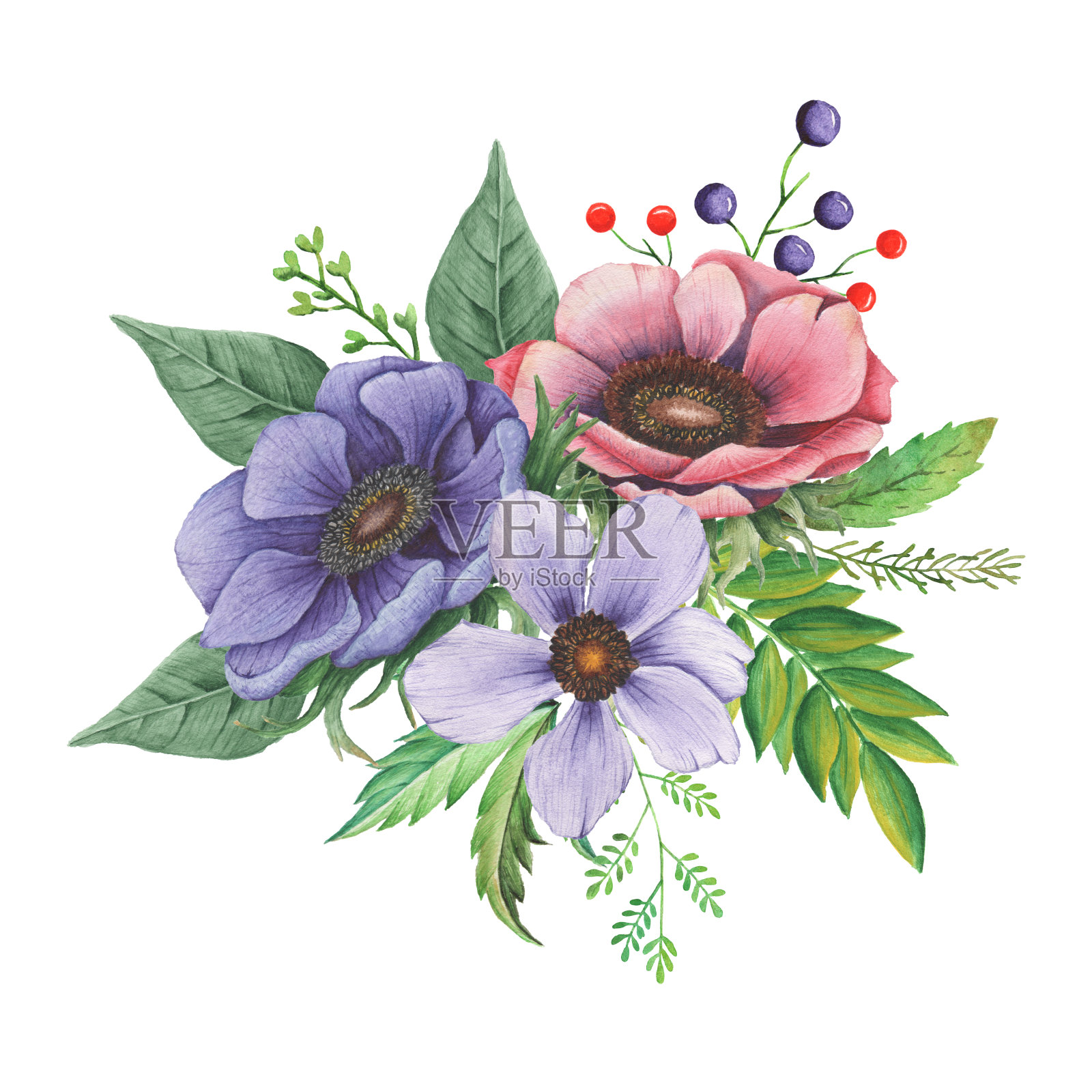 手绘水彩迷人的组合花和叶子孤立在白色的背景插画图片素材