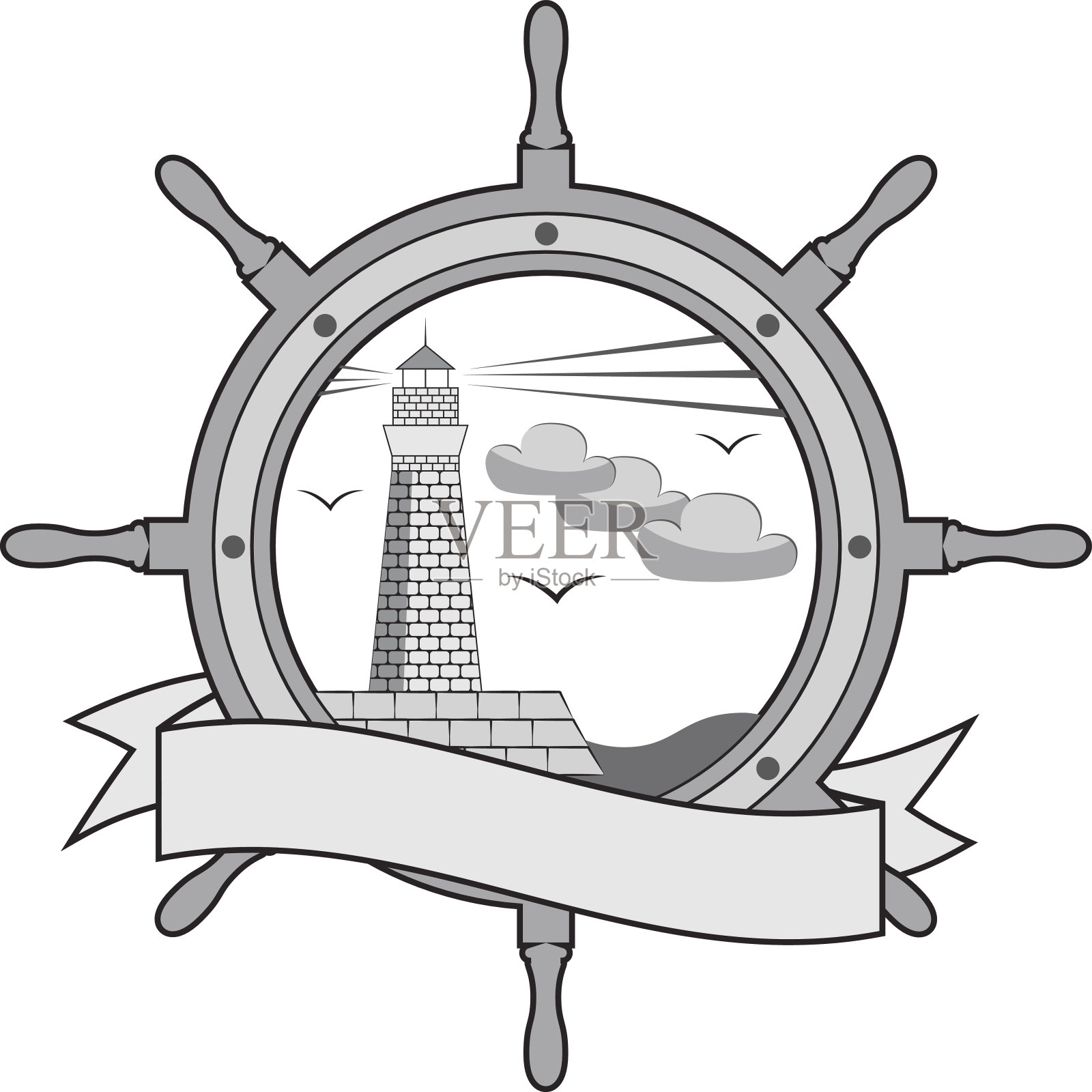 舵轮(舵)、灯塔及彩带。航海徽章,徽章。插画图片素材