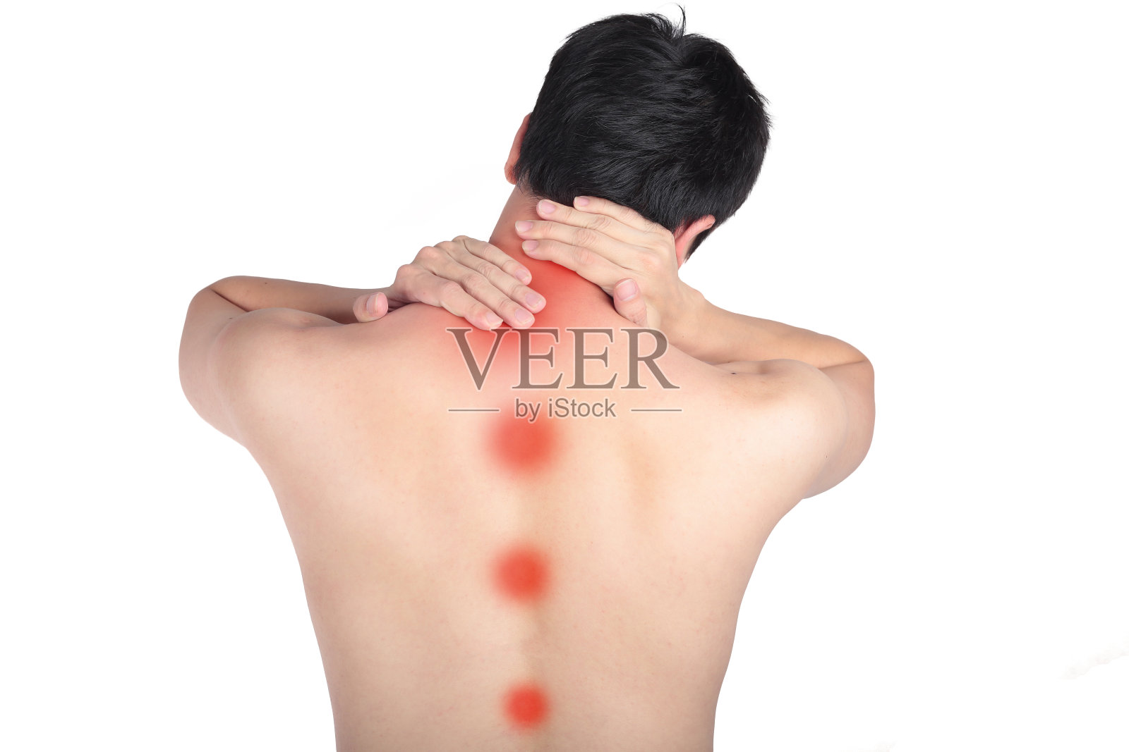 年轻人用背和脖子抵住疼痛。照片摄影图片