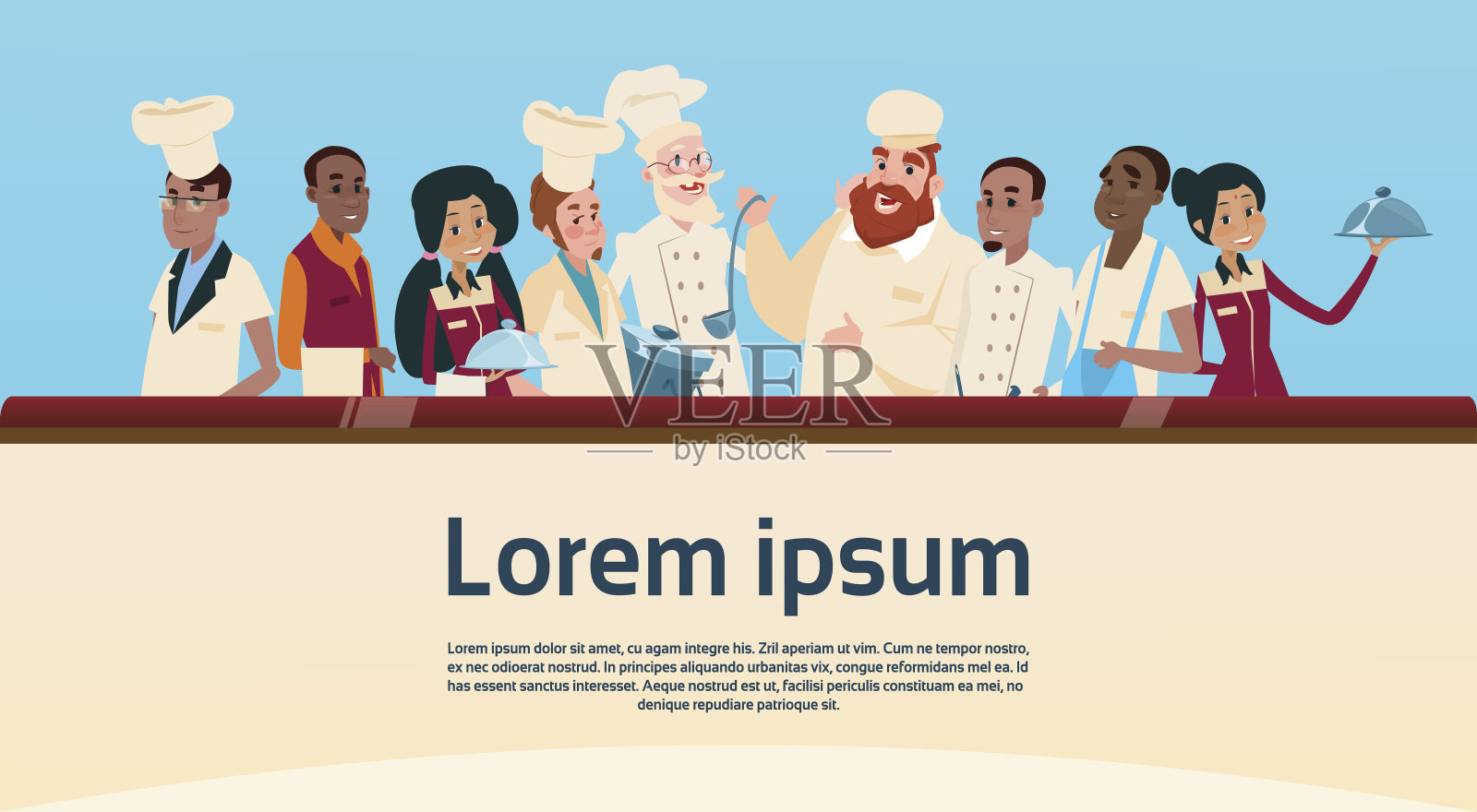 餐厅员工厨师和服务员服务混合种族团体旗帜插画图片素材