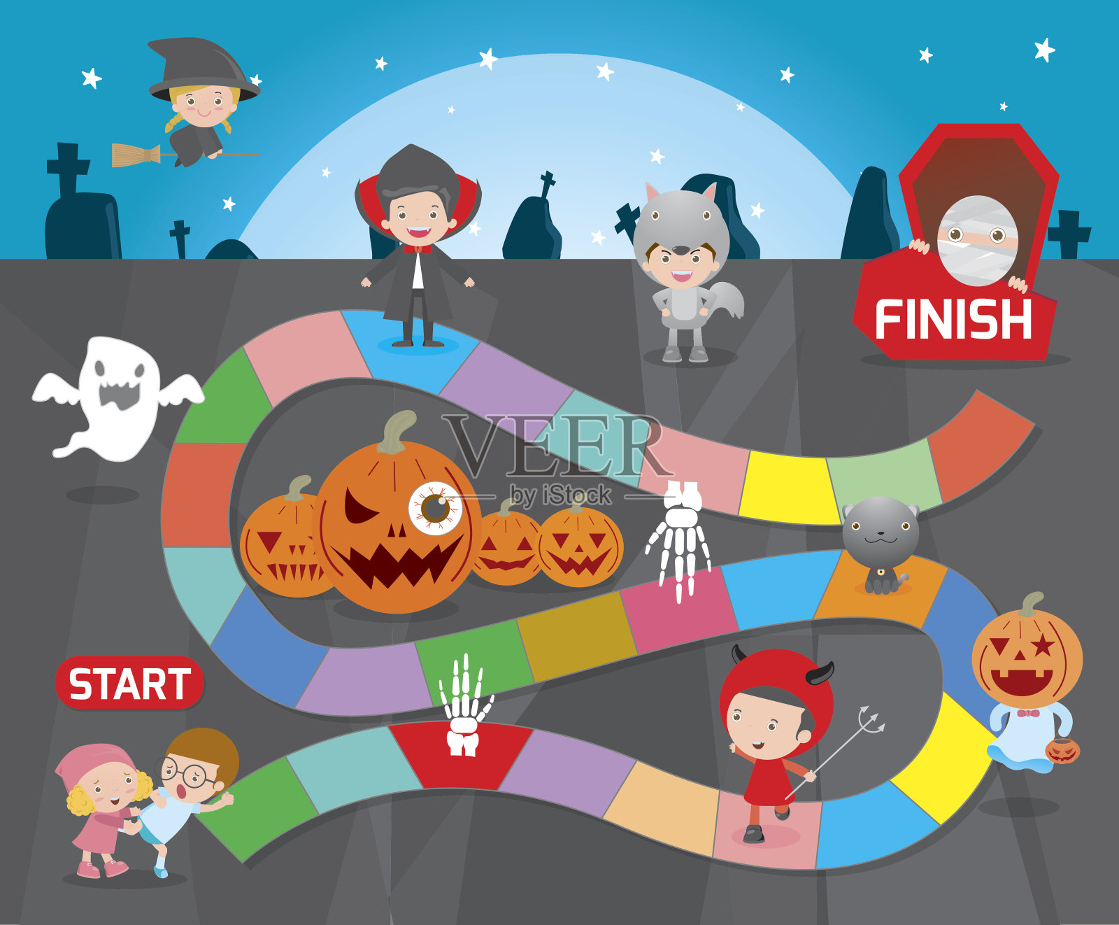 万圣节的棋盘游戏，孩子的游戏，孩子的棋盘游戏插画图片素材