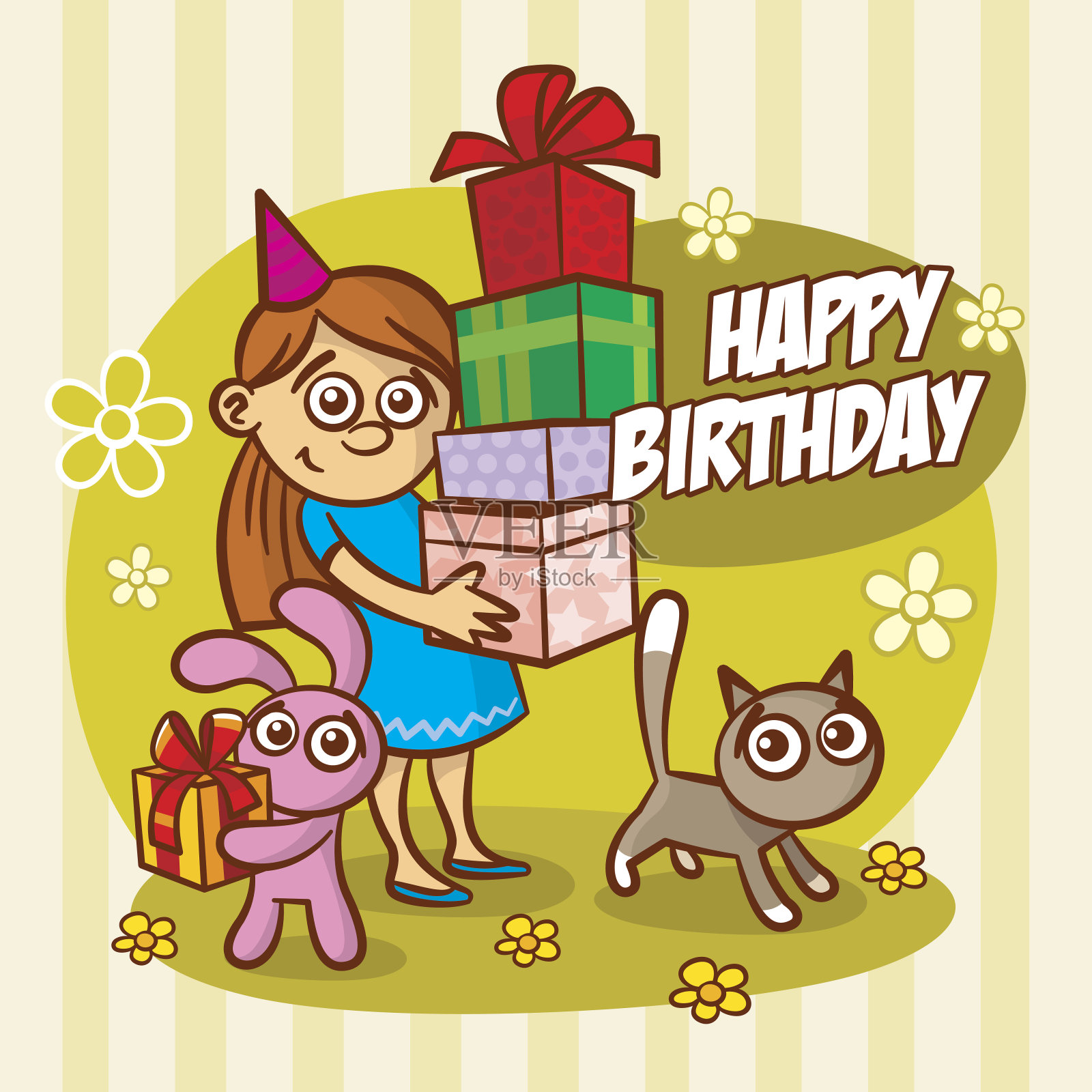 生日贺卡女孩兔子猫插画图片素材