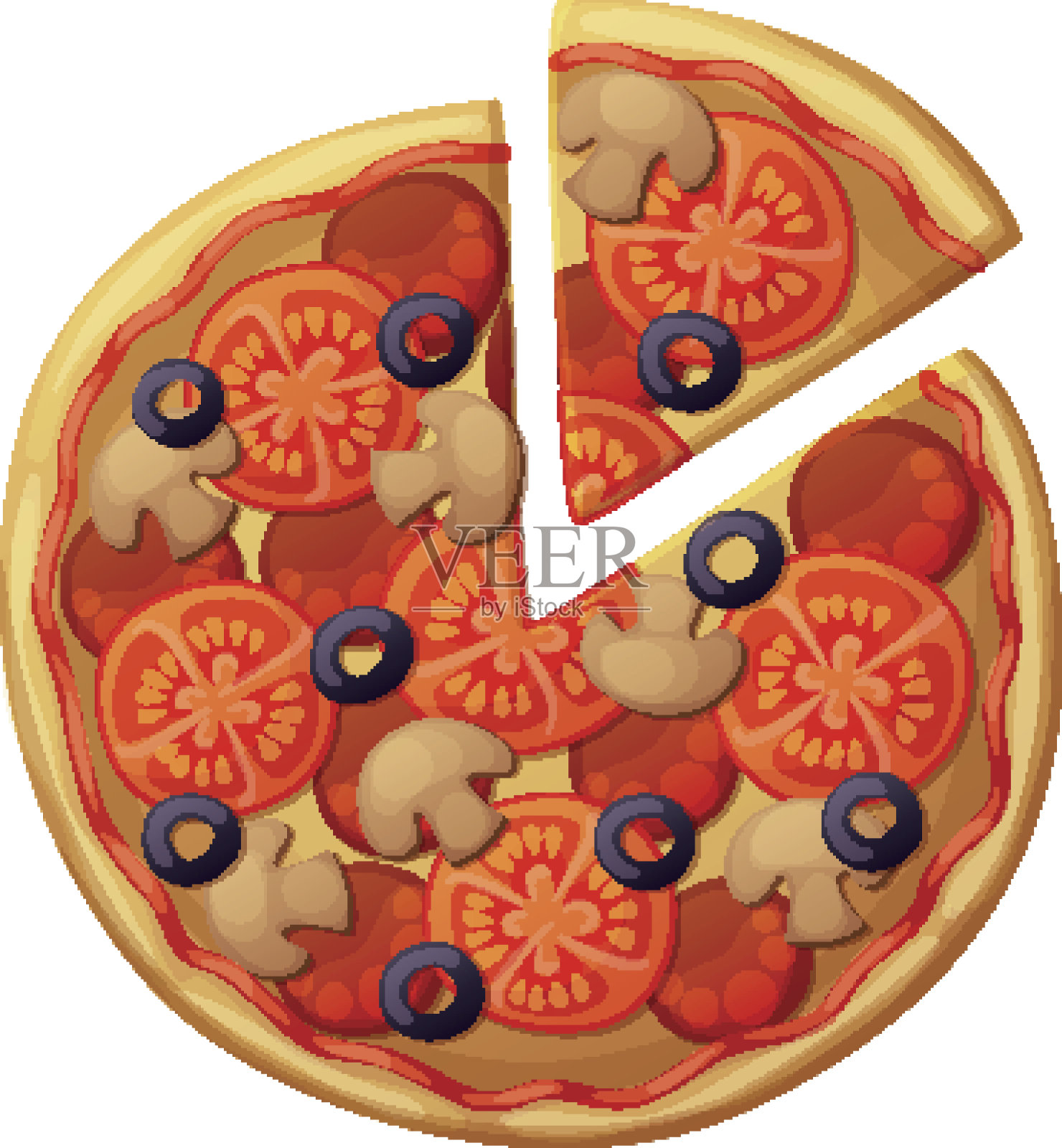 比萨顶视图。蘑菇，黑橄榄，香肠，番茄片，意大利腊肠设计元素图片