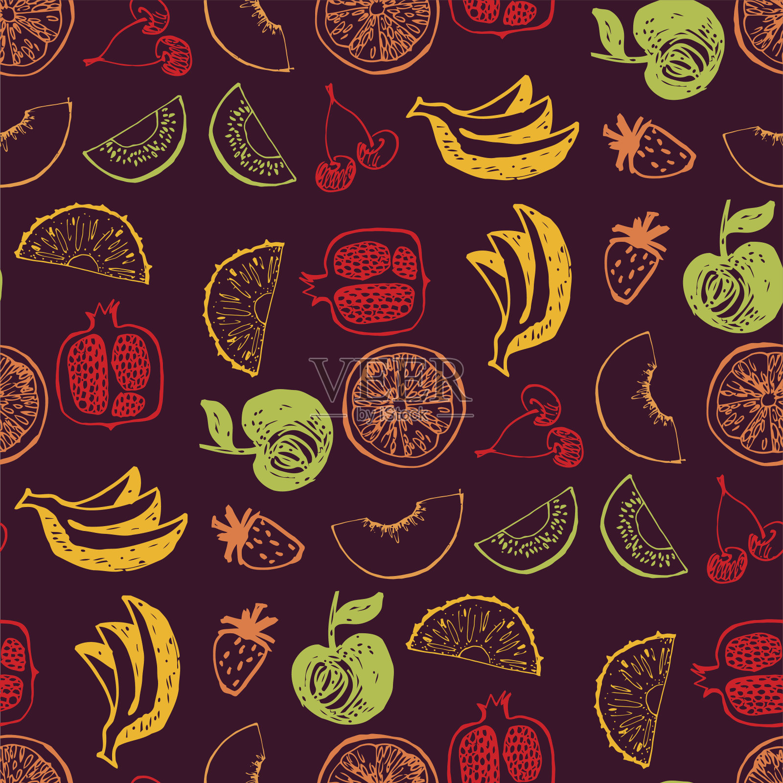 无缝模式与手绘水果菜单新鲜果汁。插画图片素材