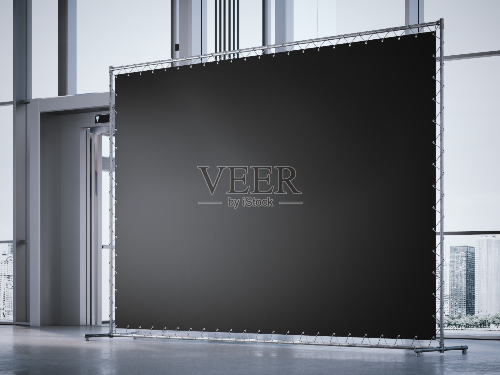 现代办公大厅里的黑色横幅。三维渲染照片摄影图片