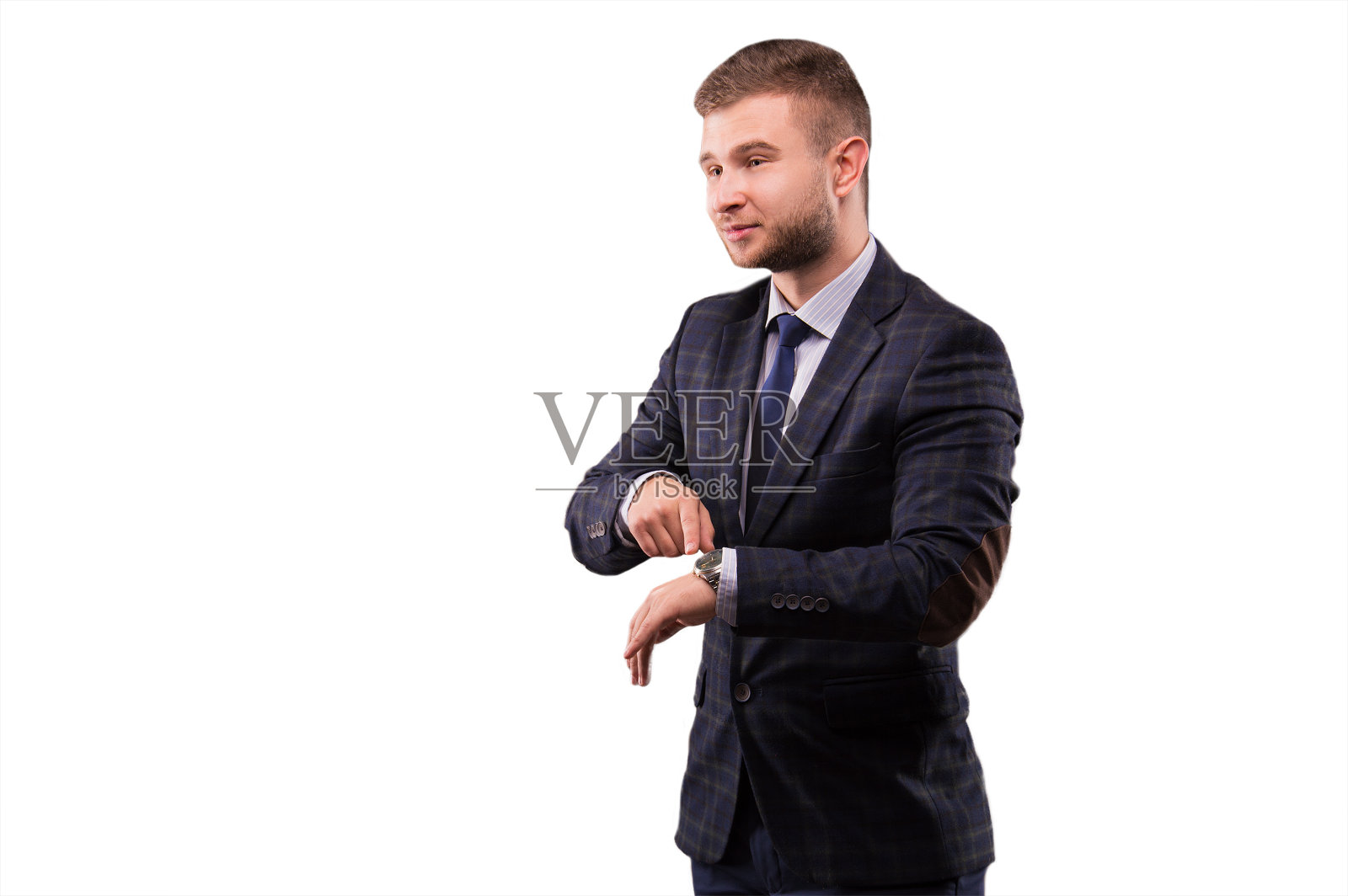 商人指着看，笑了照片摄影图片