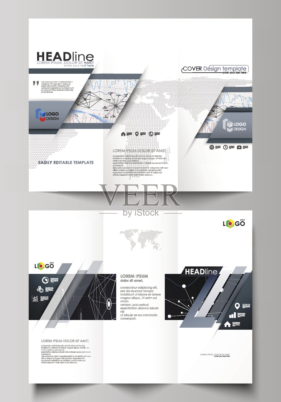 三折宣传册商业模板。易于编辑的矢量布局。摘要设计模板素材