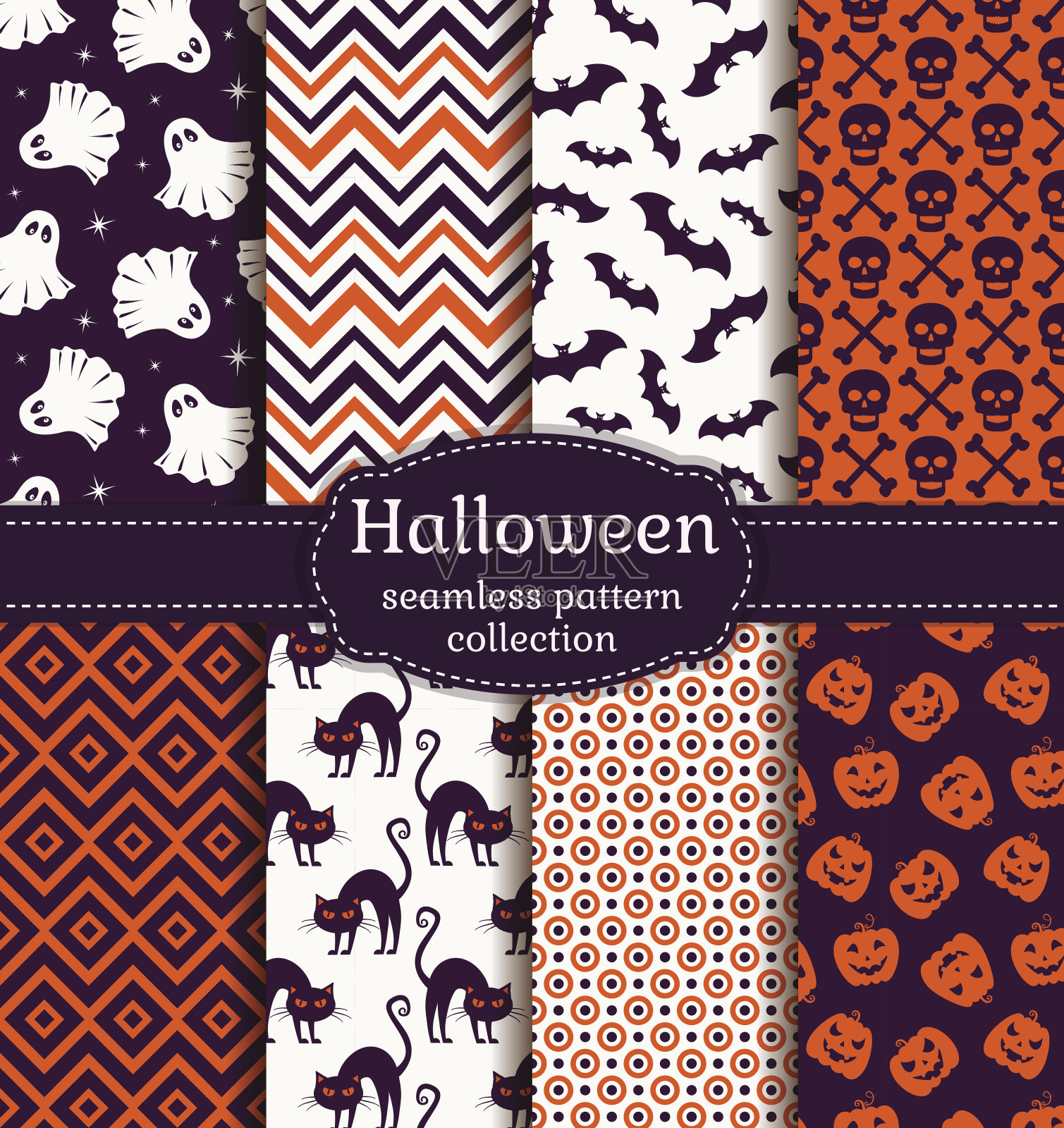 万圣节无缝模式。向量集。插画图片素材