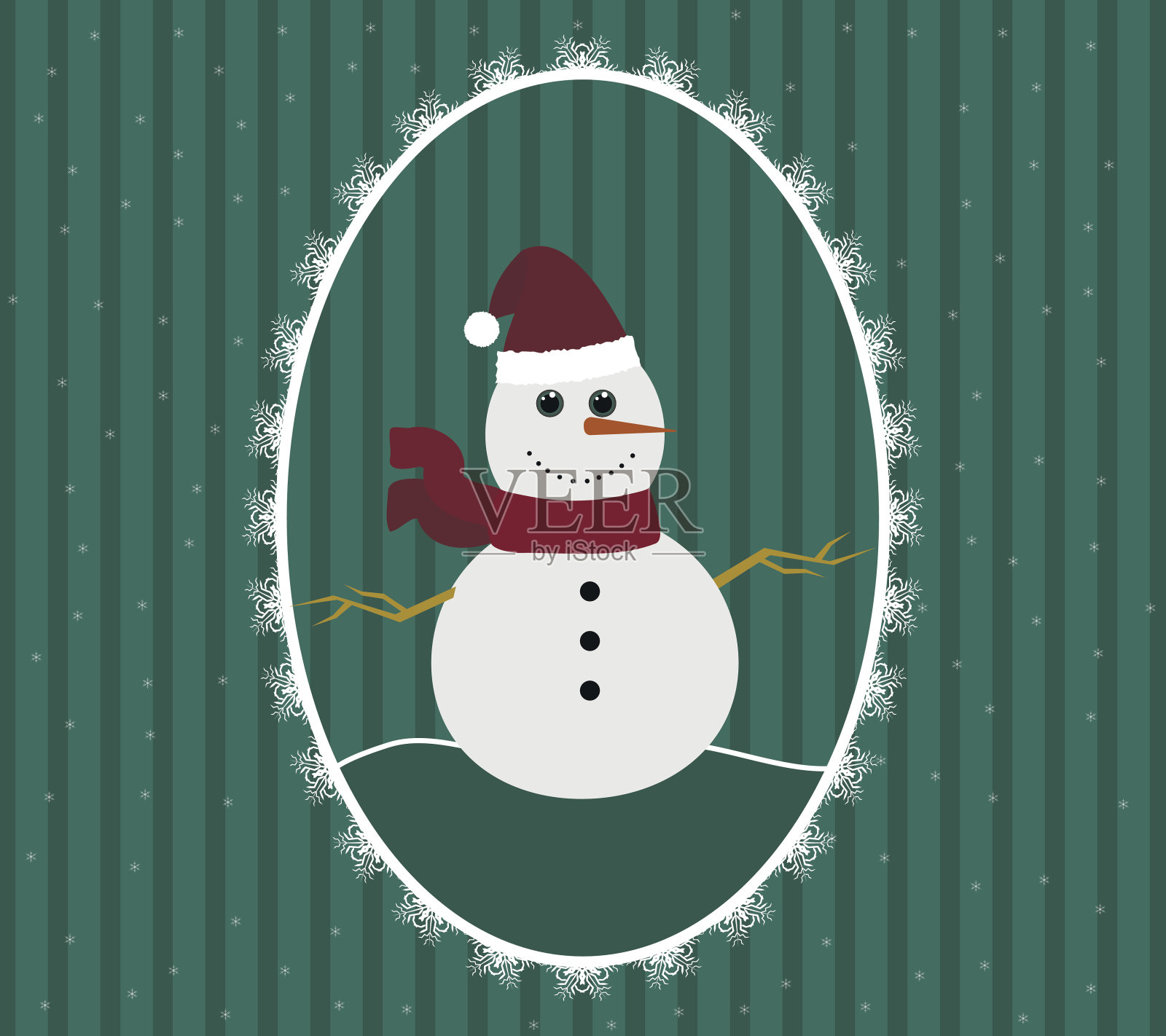 雪人在红色的圣诞老人的帽子和围巾在图案框架插画图片素材