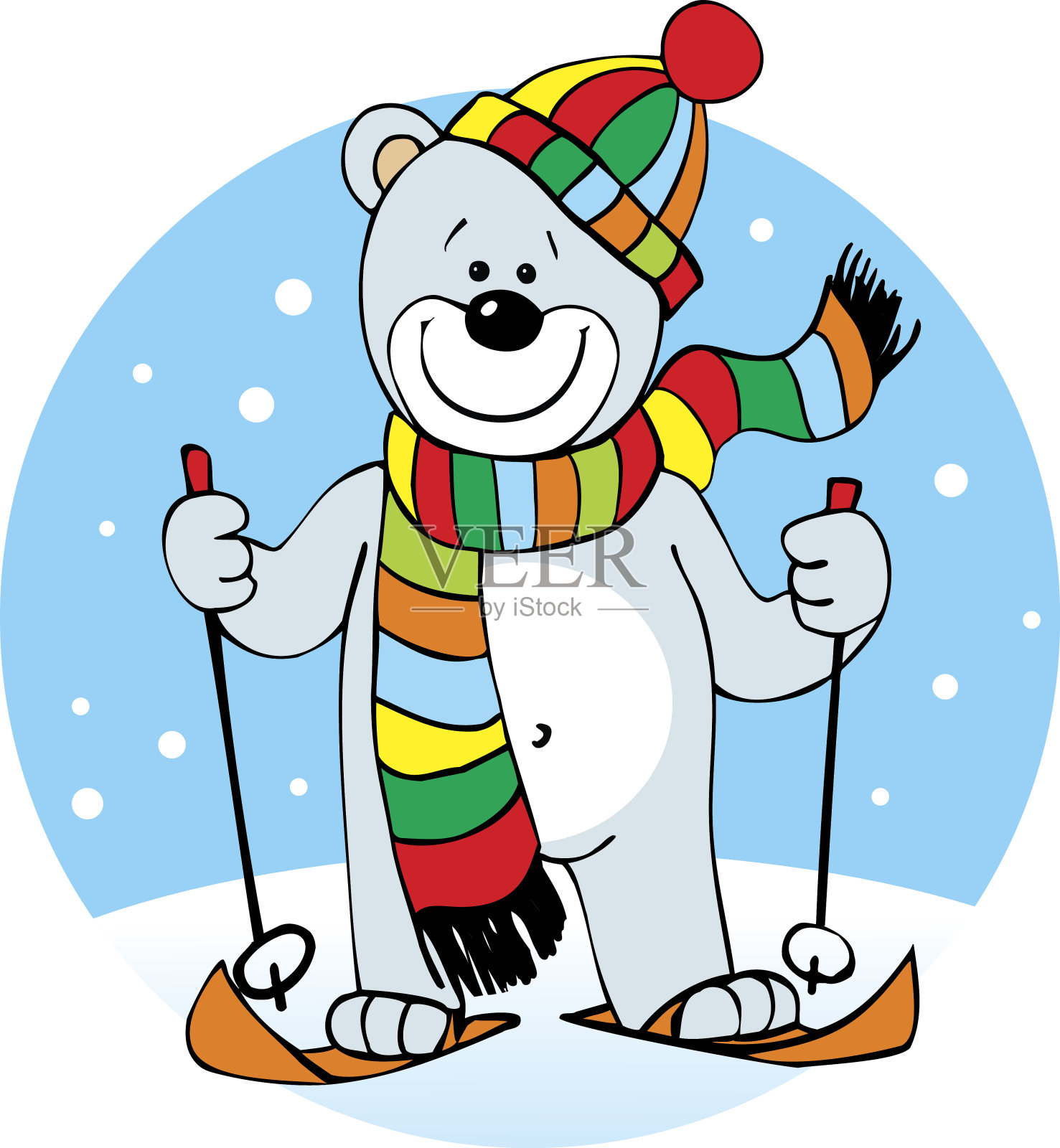 小北极熊戴着围巾滑雪插画图片素材
