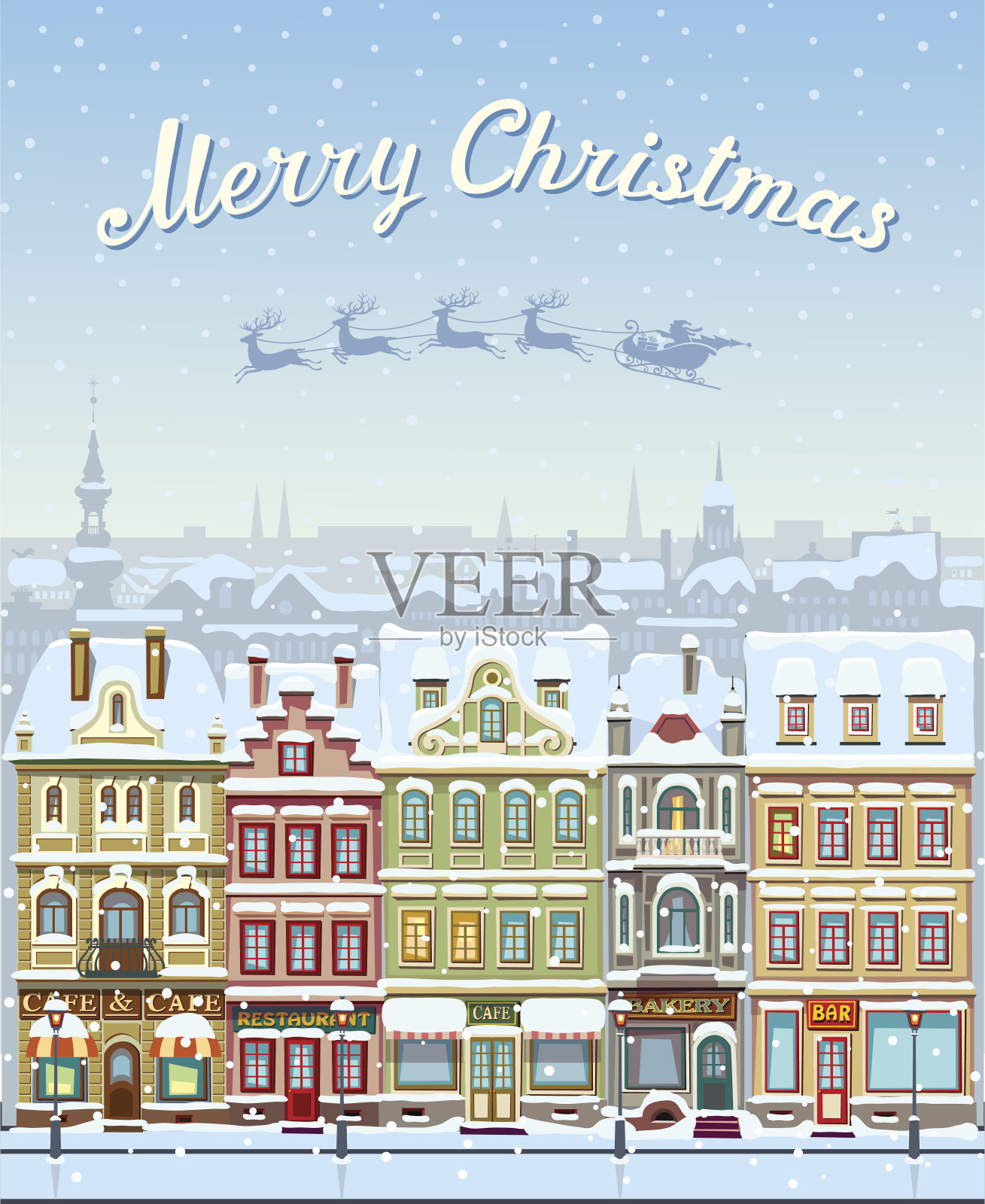 圣诞贺卡的城市景观和降雪。插画图片素材