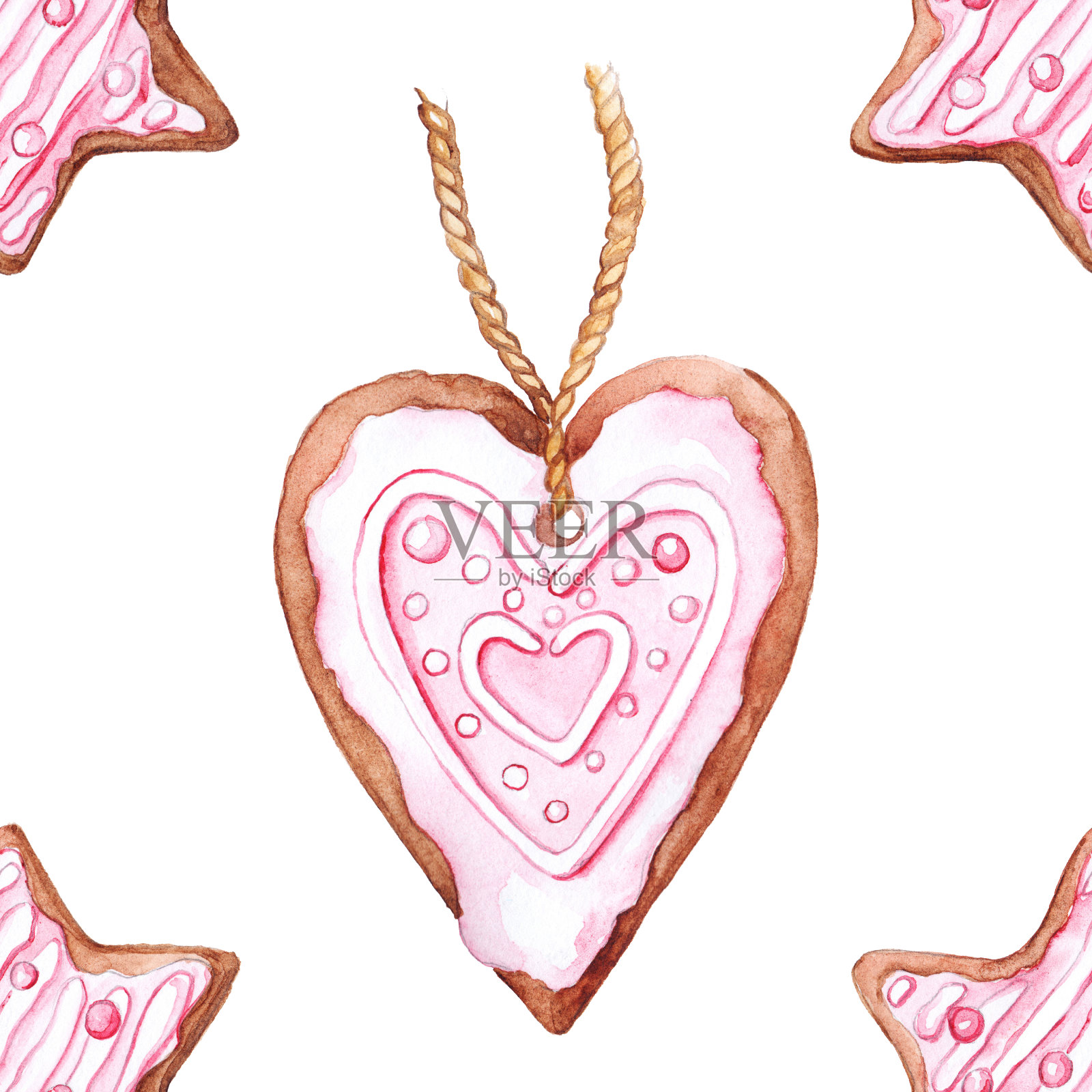 水彩星形心形姜饼圣诞无缝图案背景插画图片素材