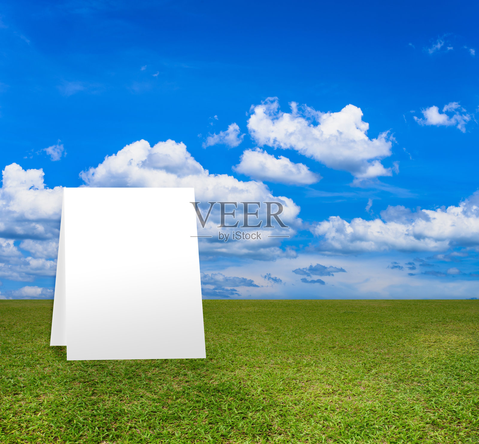 海报站在蓝天下的绿地上。照片摄影图片