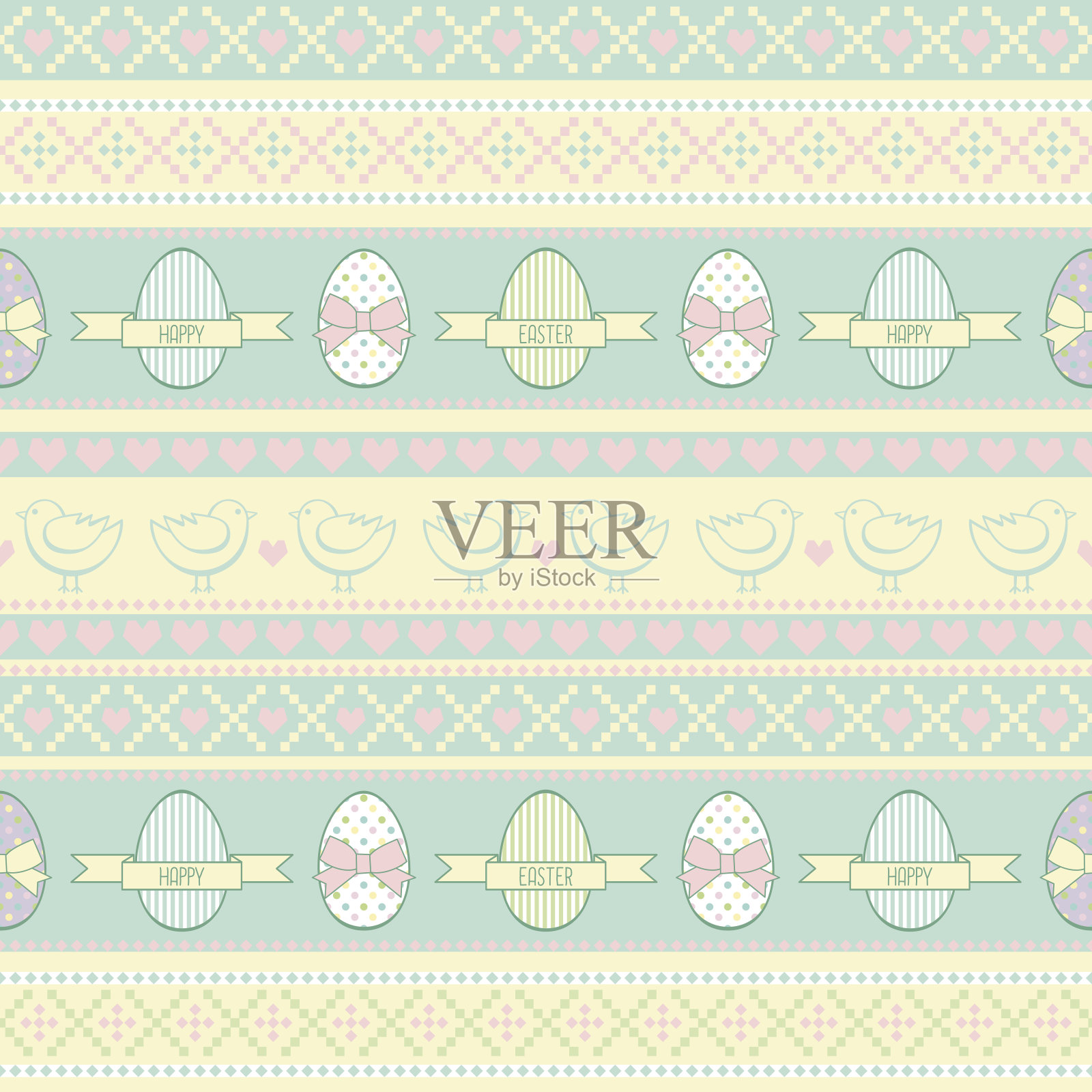 复活节的模式。小鸡，鸡蛋，心形，弓插画图片素材