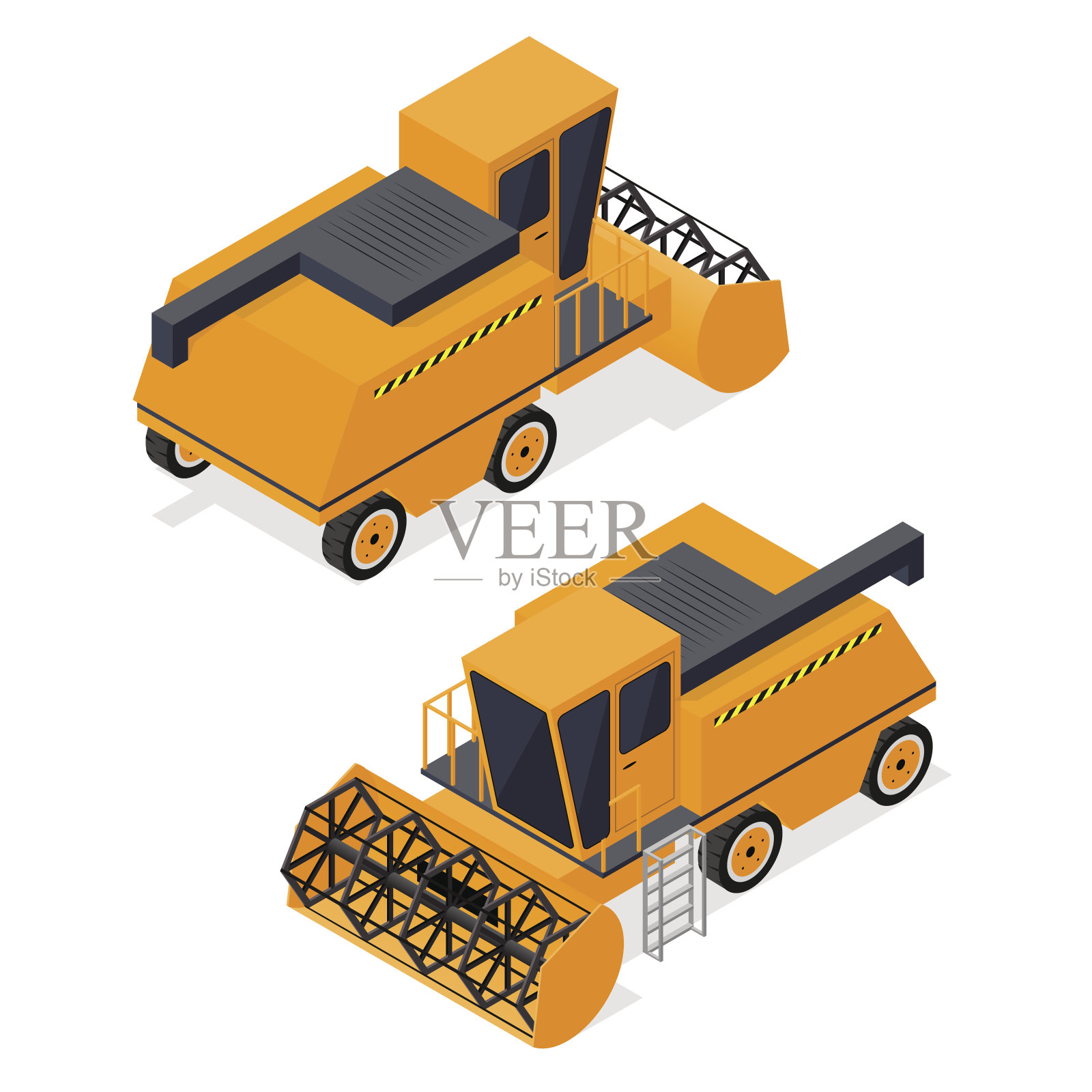 联合收割机集等距视图。向量插画图片素材