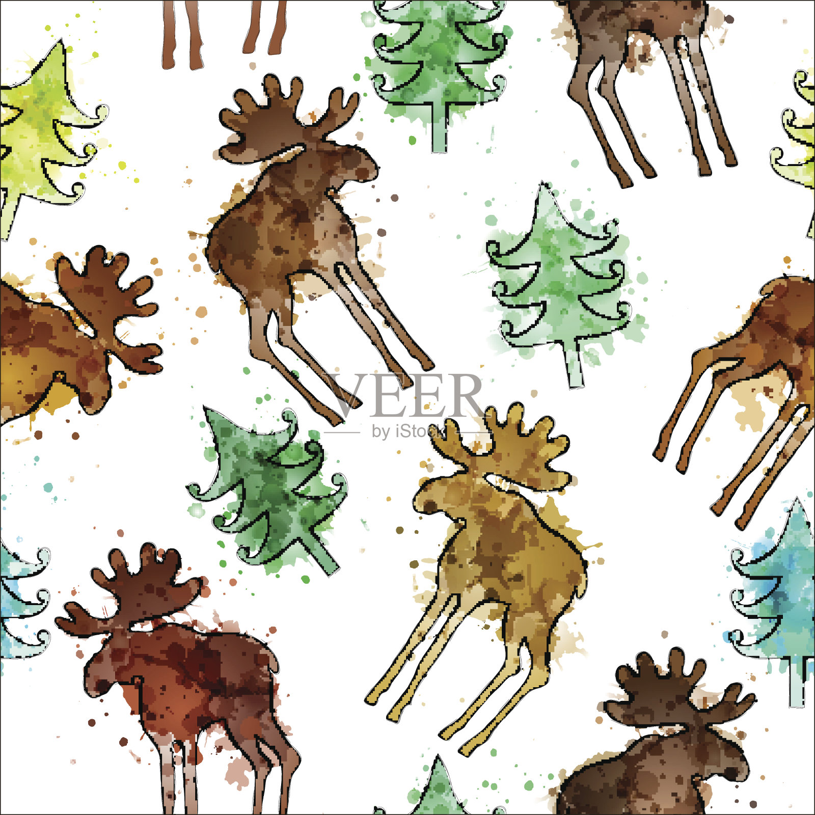 无缝背景与手绘的麋鹿和枞树剪影插画图片素材