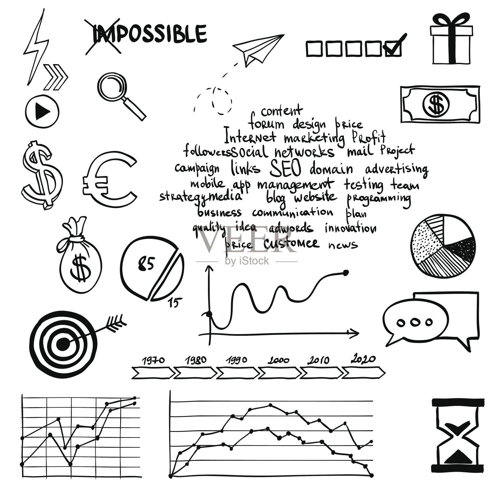 手绘社交媒体符号和符号涂鸦元素。概念插画图片素材