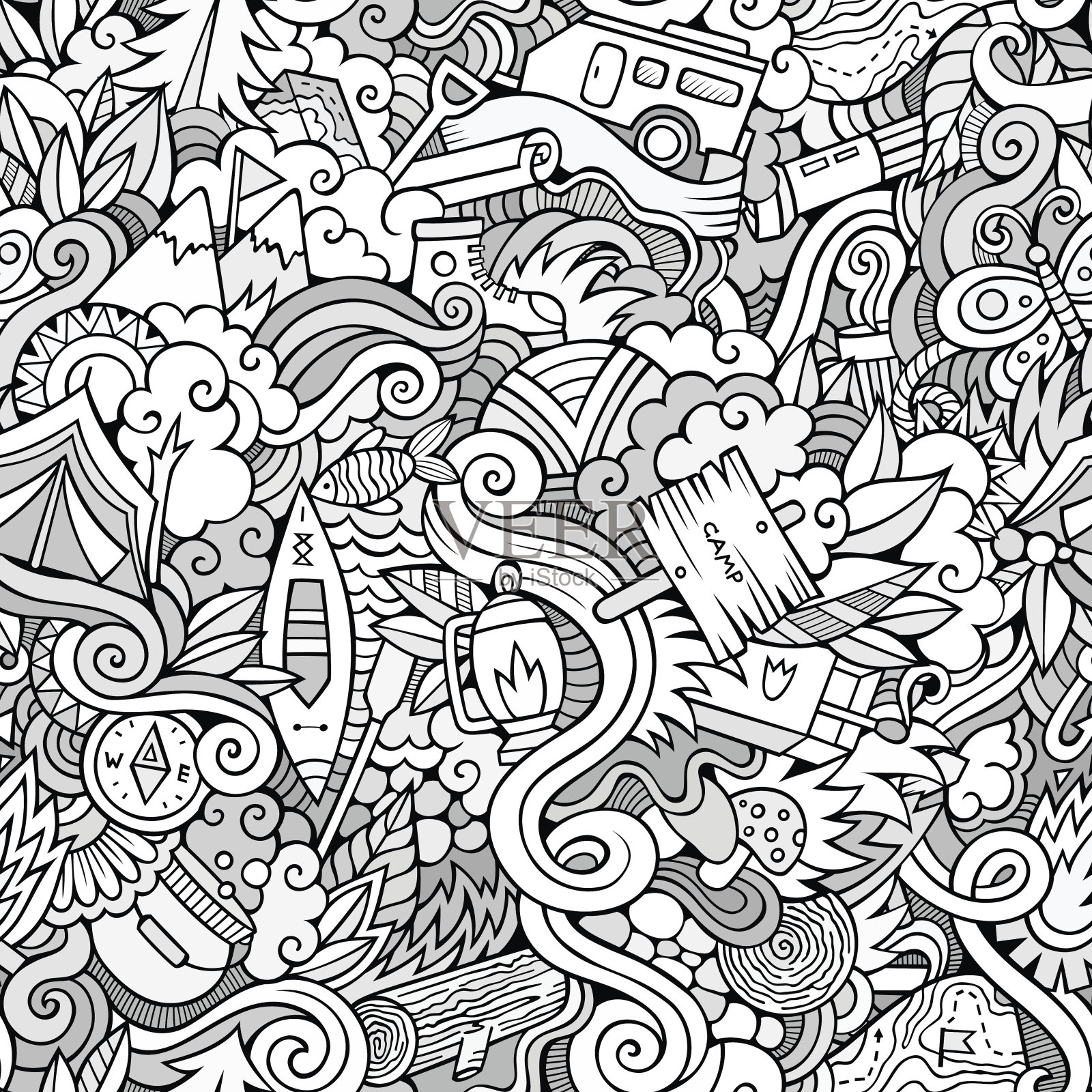 卡通矢量涂鸦露营无缝图案插画图片素材