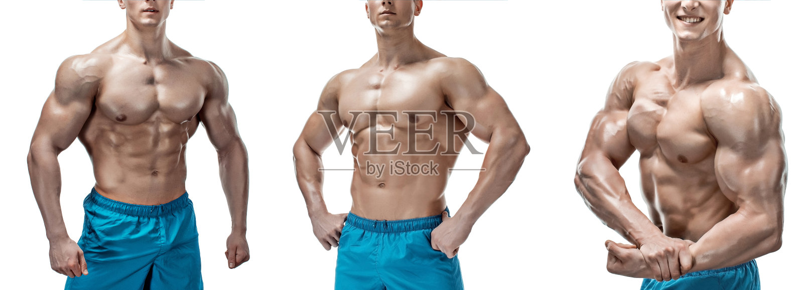 拼贴画的形象。肌肉男在工作室摆姿势照片摄影图片