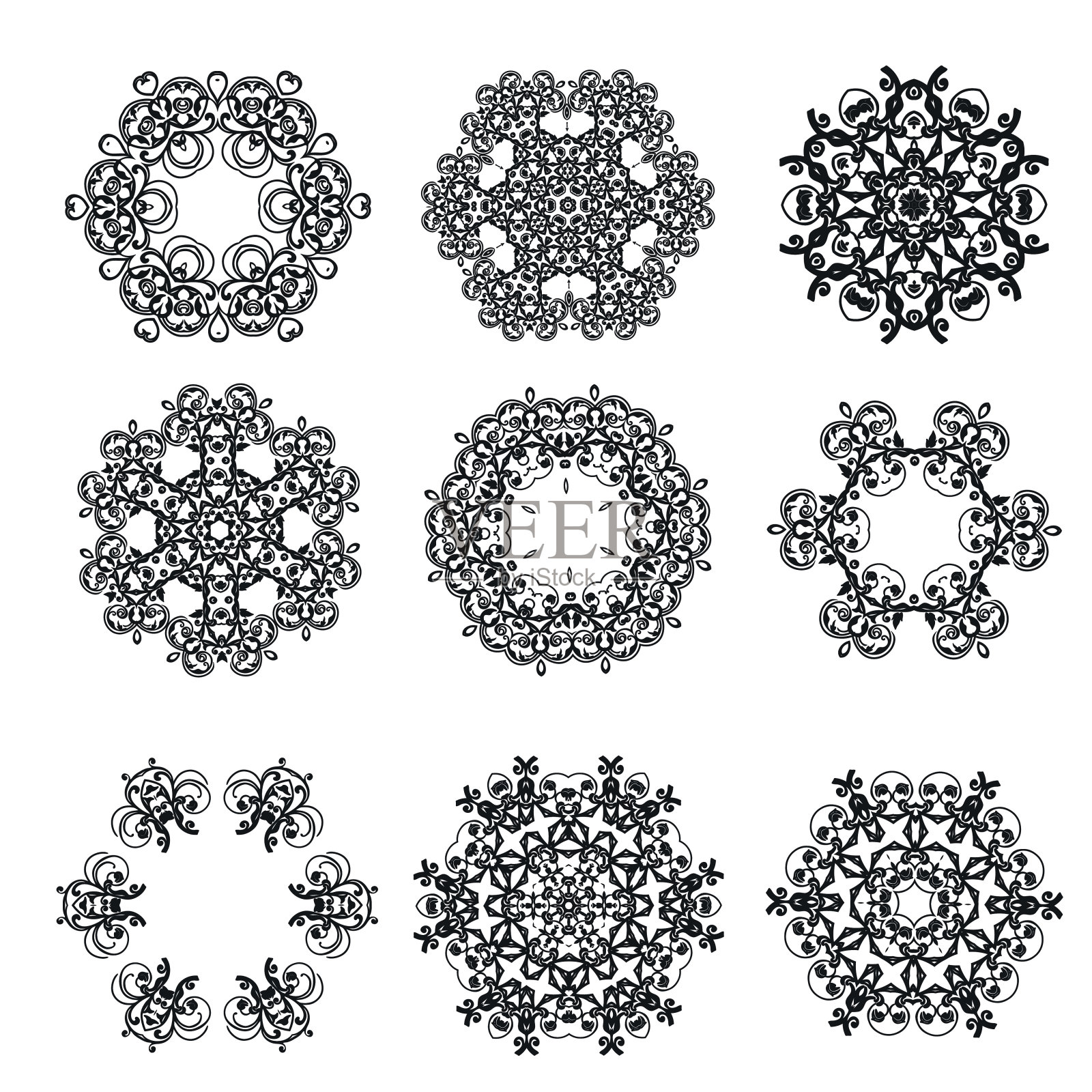 一套装饰品黑白卡与曼荼罗。插画图片素材