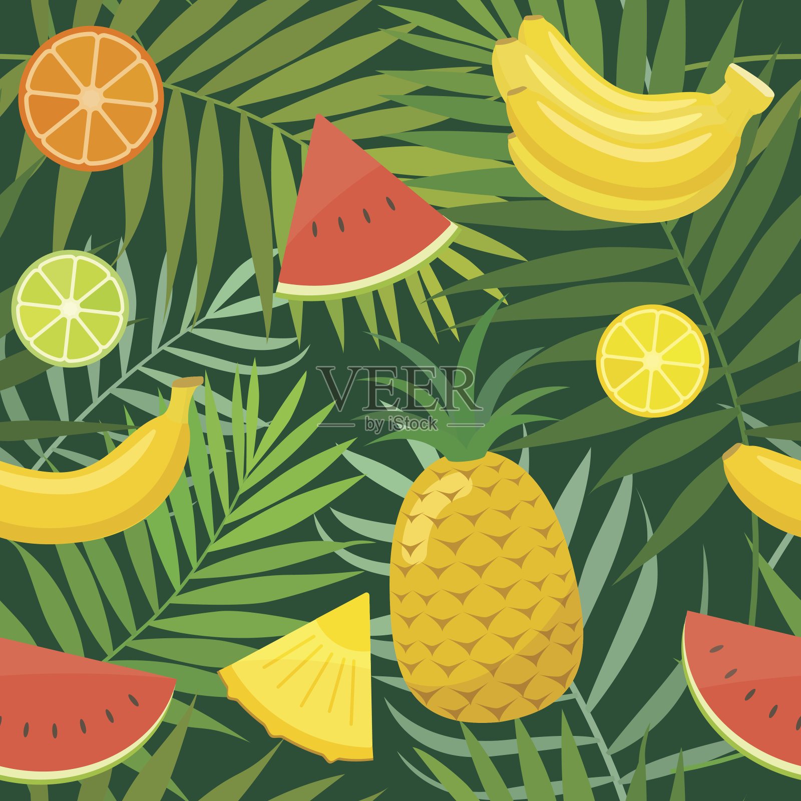 棕榈叶和果实的无缝图案插画图片素材