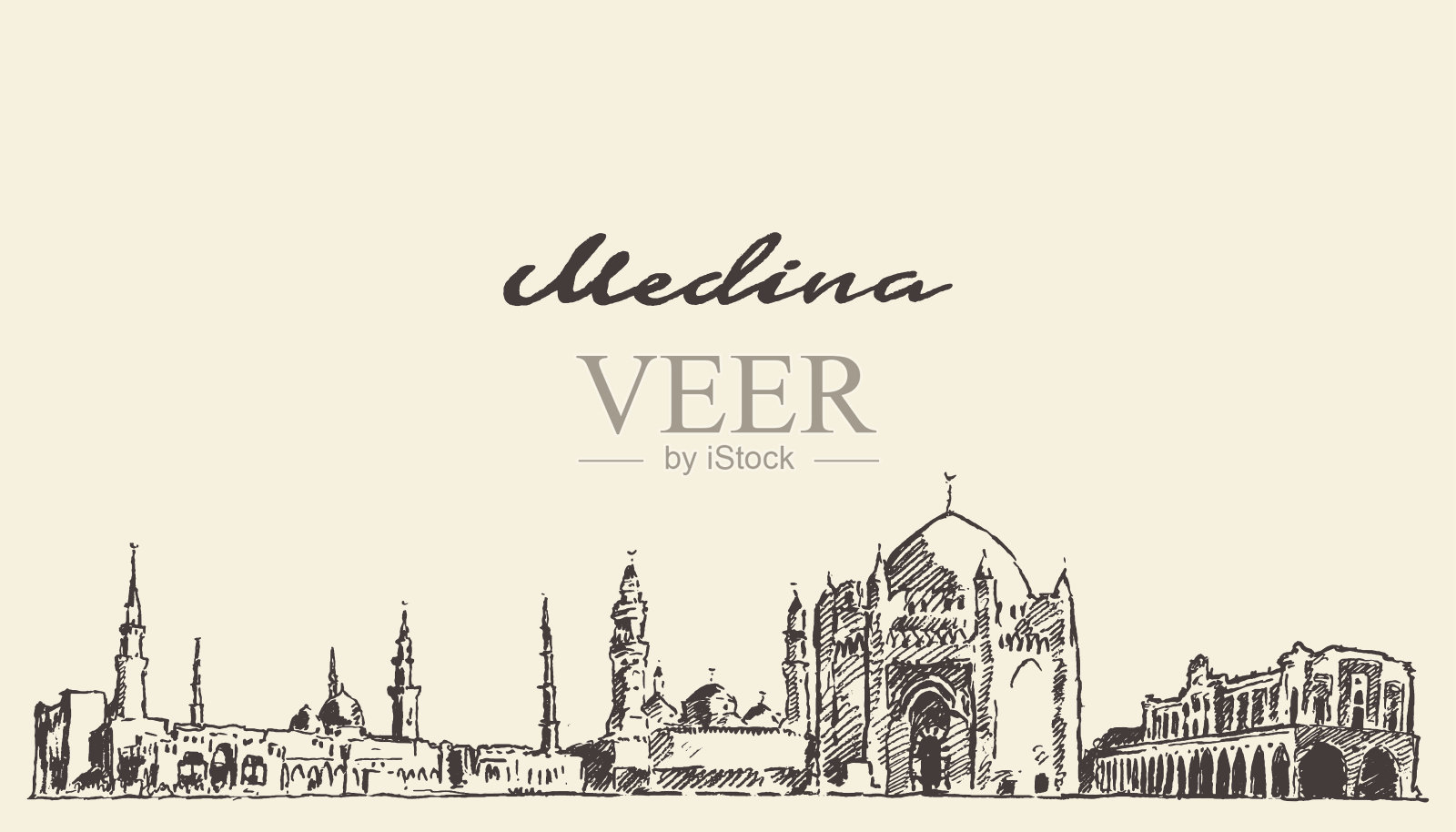 麦地那天际线矢量雕刻插图插画图片素材