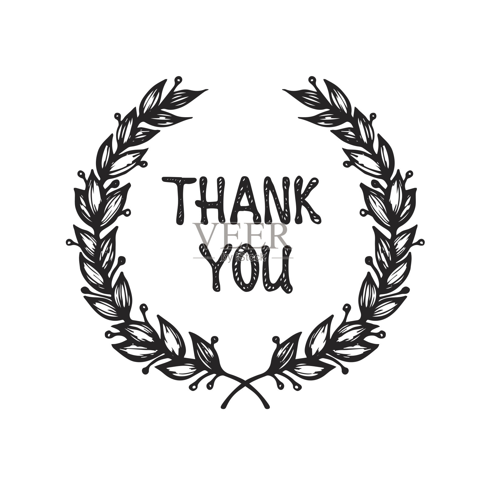 黑色“谢谢你”手绘字母装饰花环框架。插画图片素材