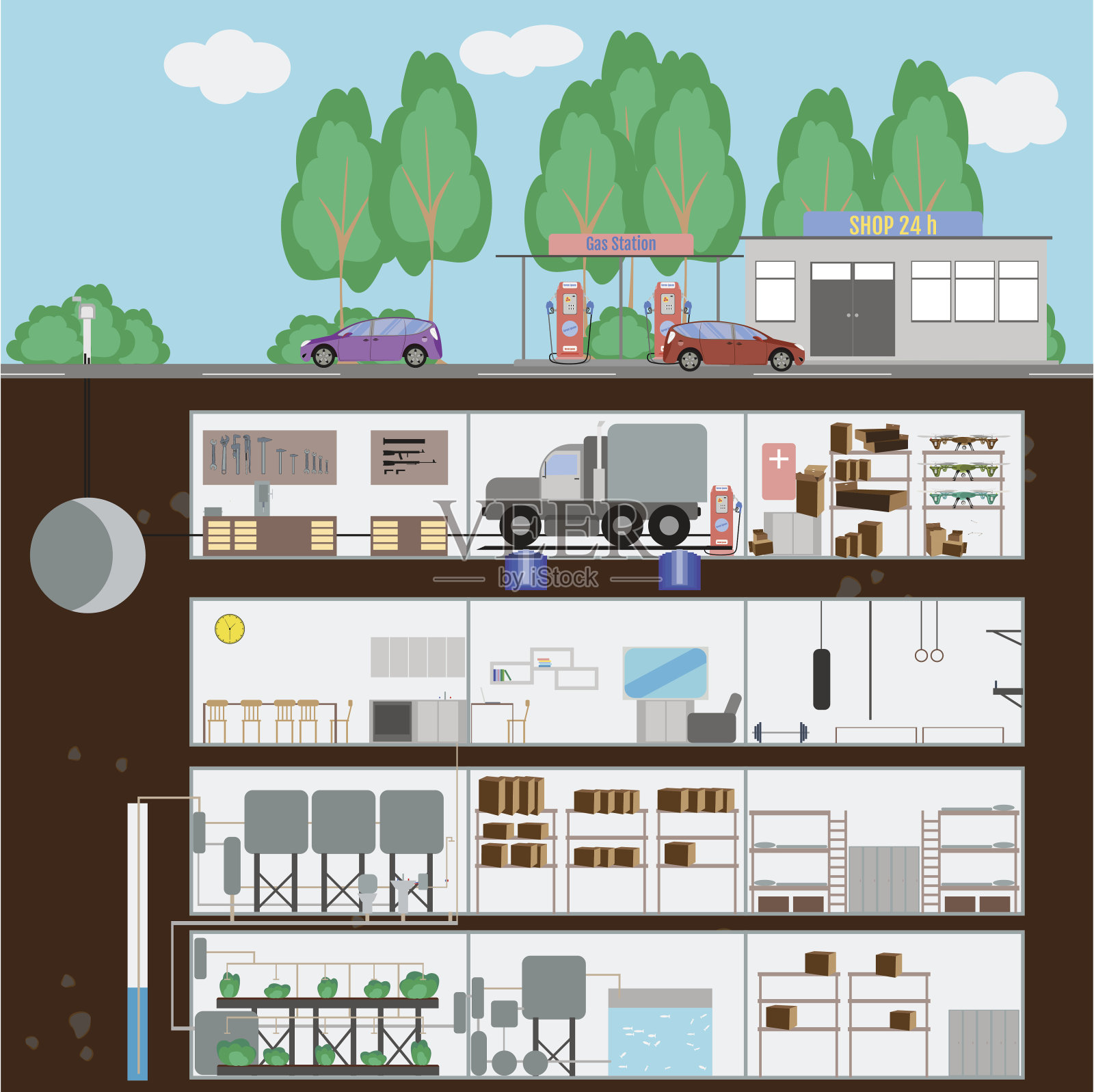 地下室。加油站和商店的燃料箱。插画图片素材