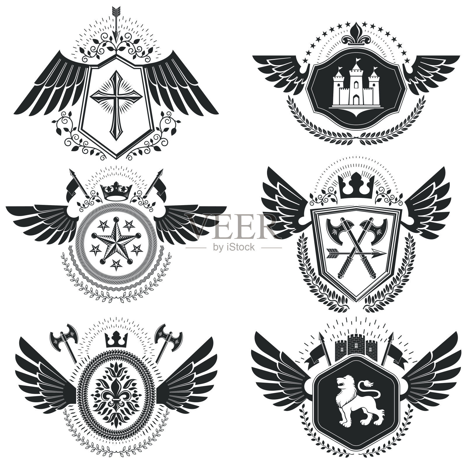 纹章符号向量复古元素。收集的符号插画图片素材