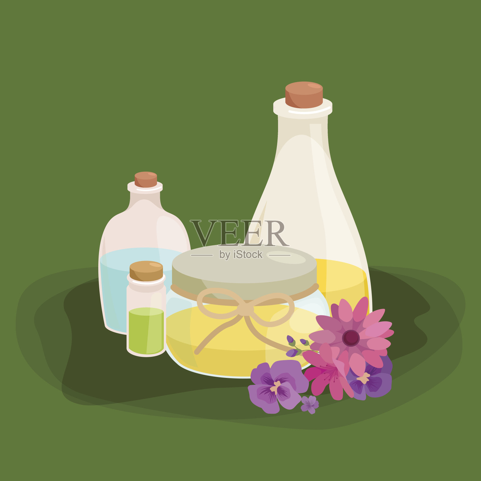 瓶子与有机精油和肥皂棒设置插画图片素材