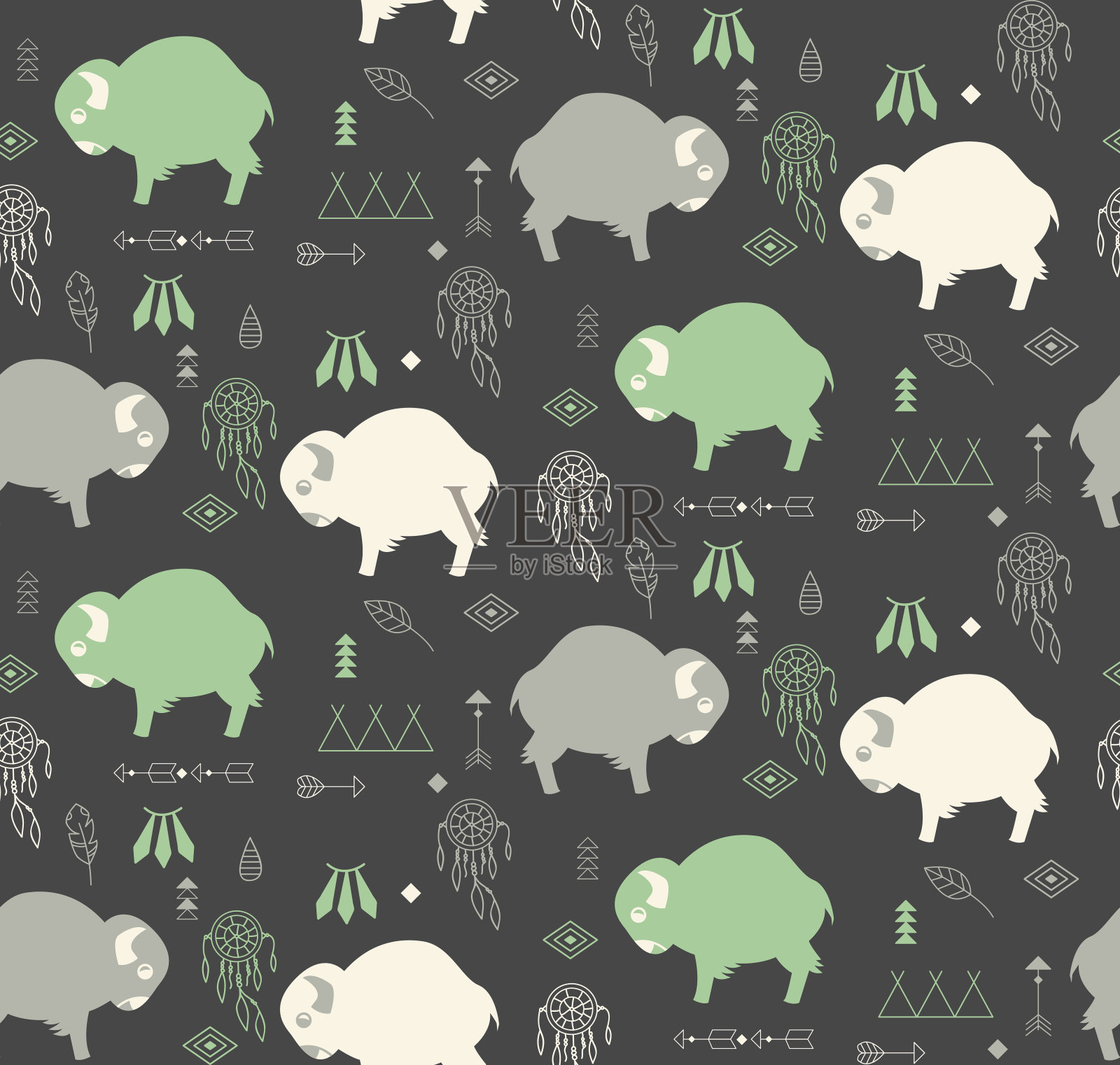 可爱的水牛宝宝和美国本土符号无缝图案插画图片素材