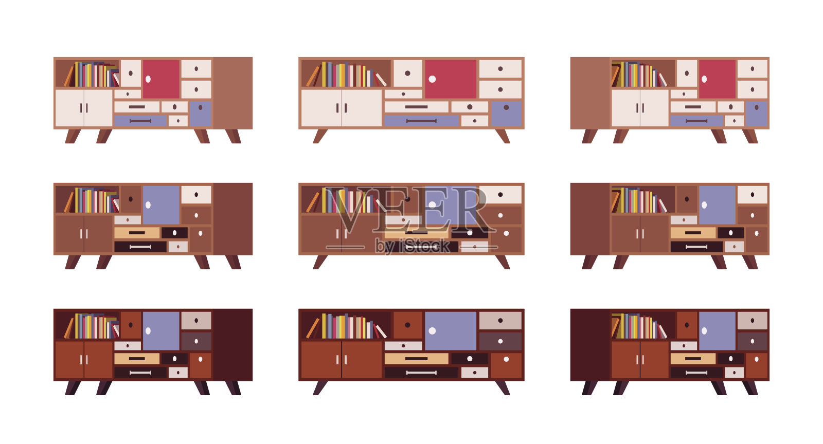 一套复古的餐具柜与抽屉和书架插画图片素材