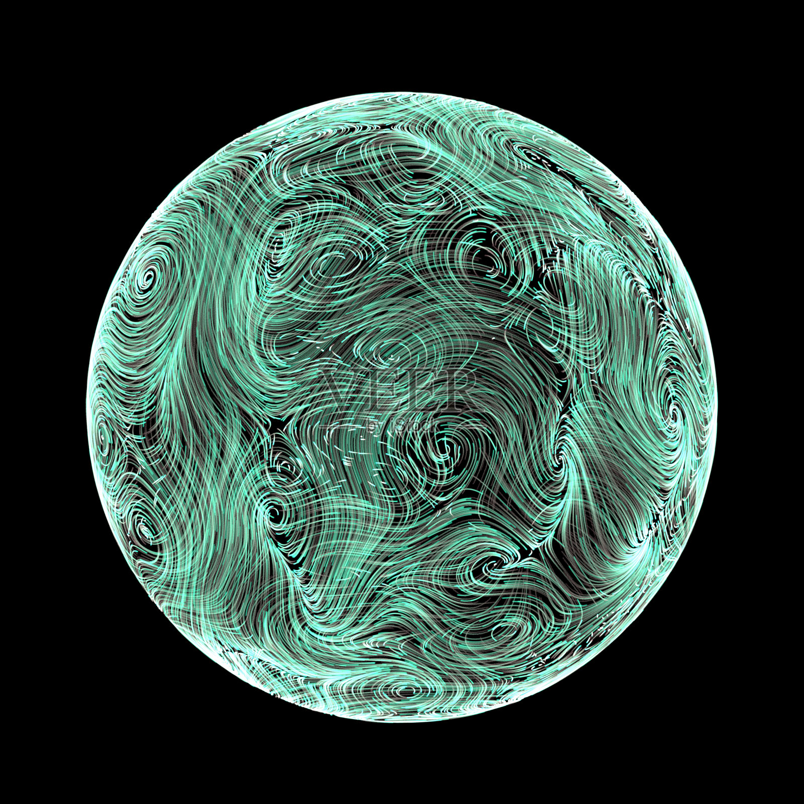 绿松石色明亮等离子体球抽象背景孤立在黑色插画图片素材