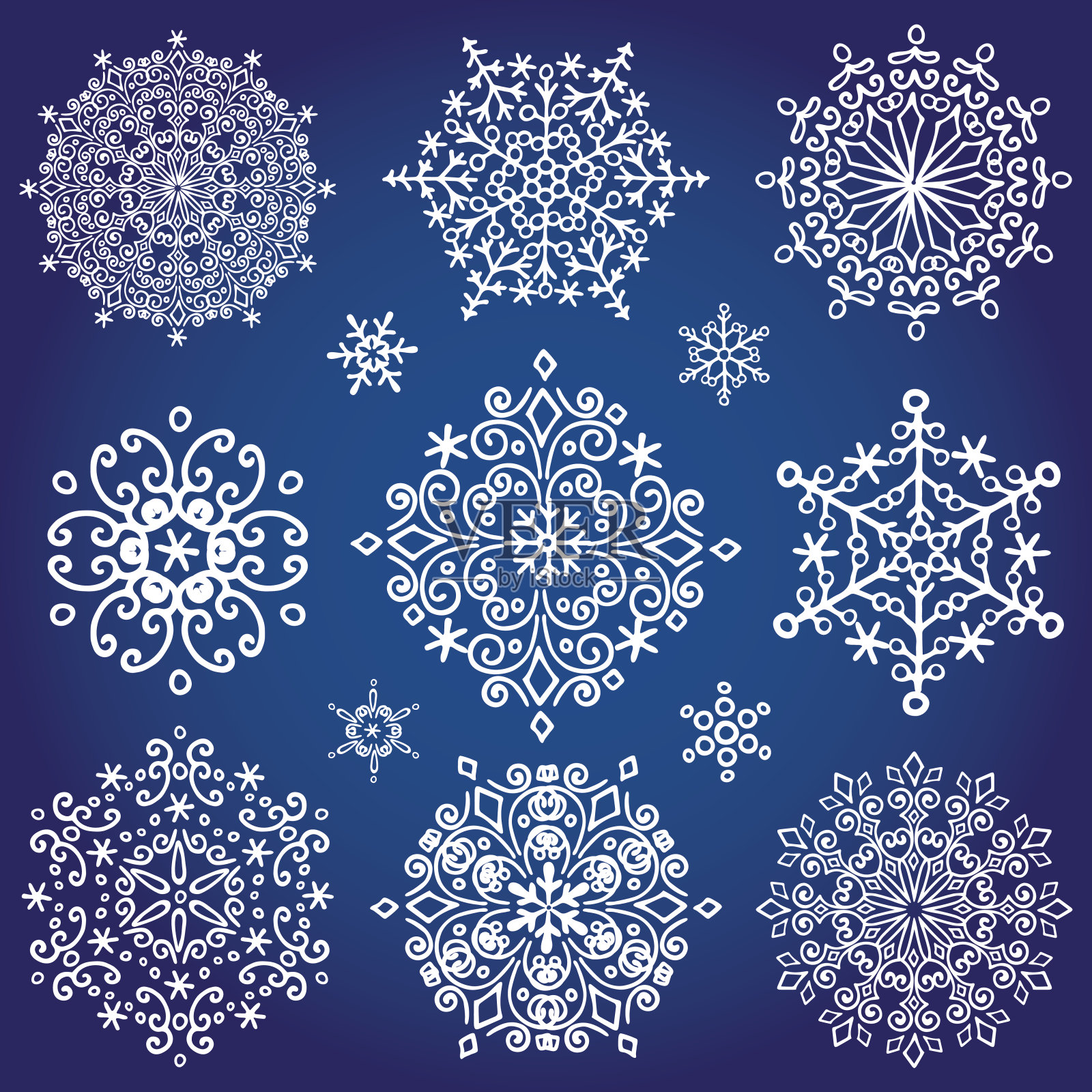 雪花图标集合。冬季水晶圆形插画图片素材