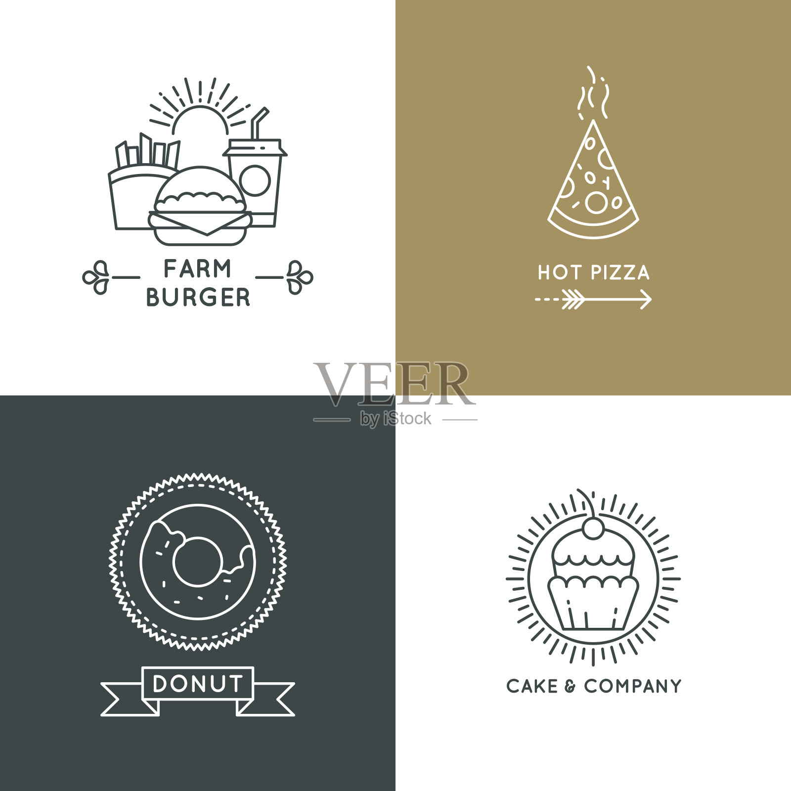 快餐店和咖啡馆向量标志设置在线性插画图片素材