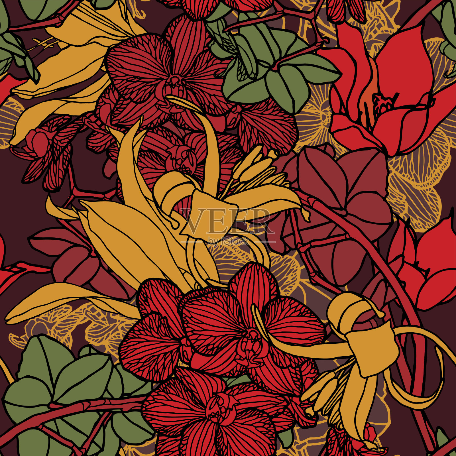 无缝图案与花兰花插画图片素材