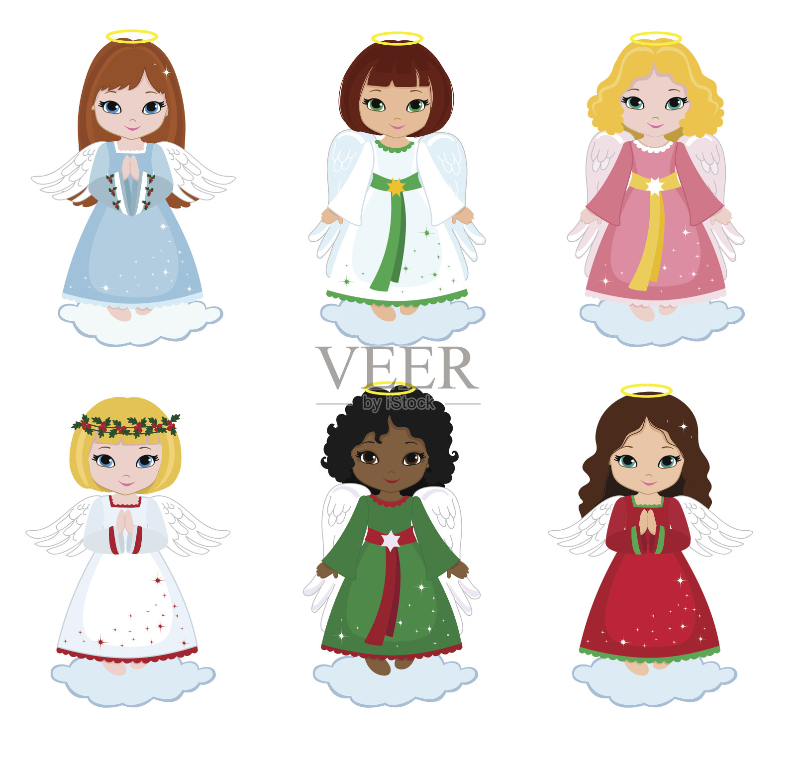 收集的圣诞天使孤立在白色的背景。矢量插图。插画图片素材