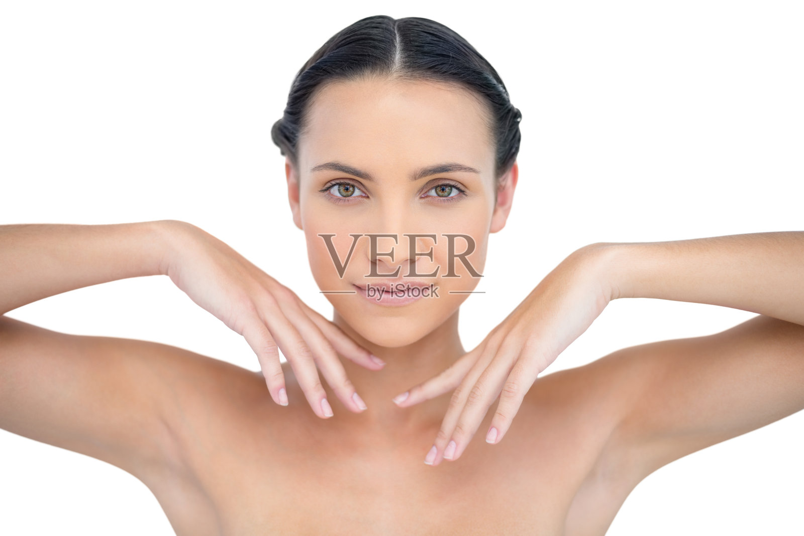 沉思迷人的模特手托着她的下巴照片摄影图片