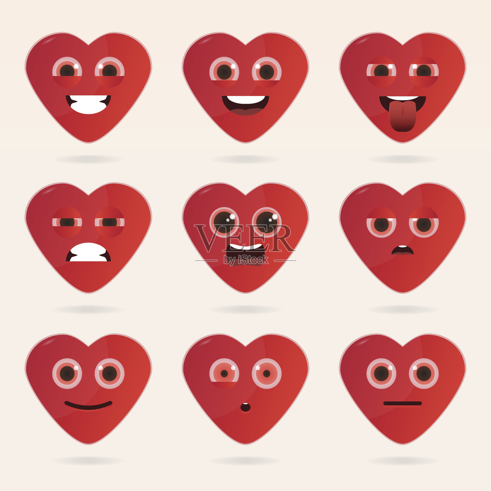一组可爱的心形表情。插画图片素材