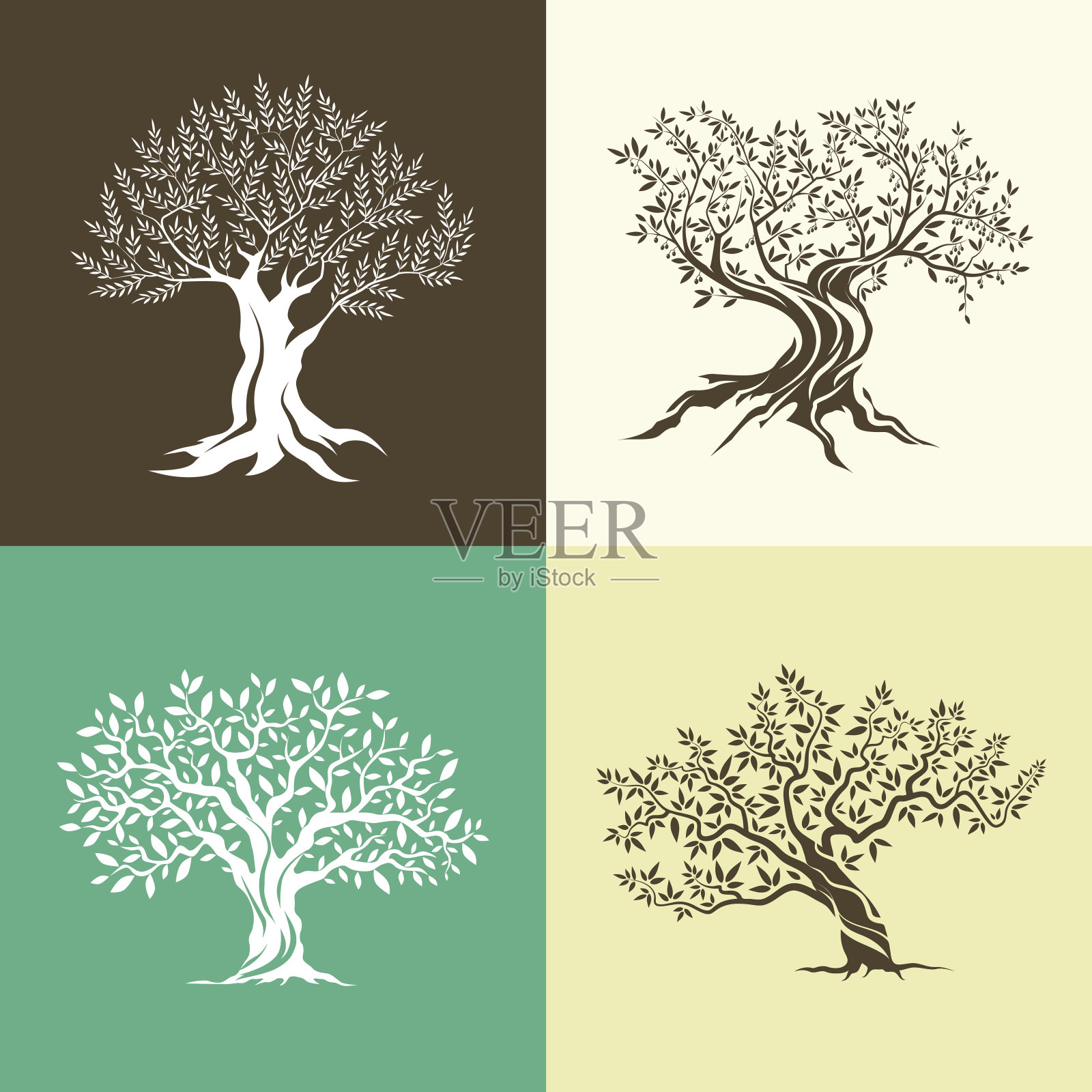 橄榄树剪影孤立的图标设置插画图片素材