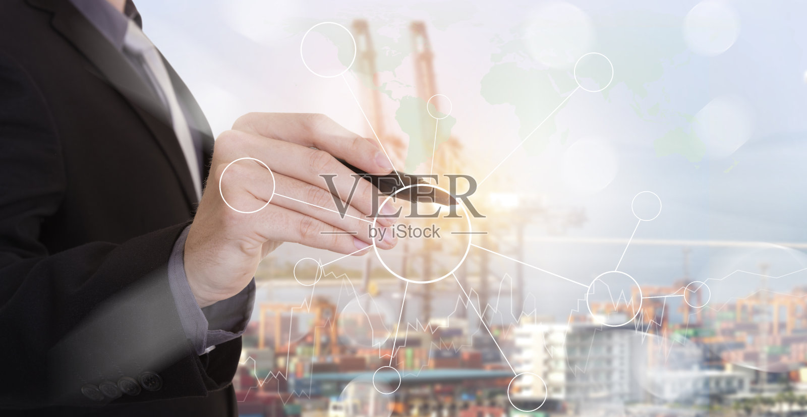 以港口为背景手绘空白管理流程图照片摄影图片