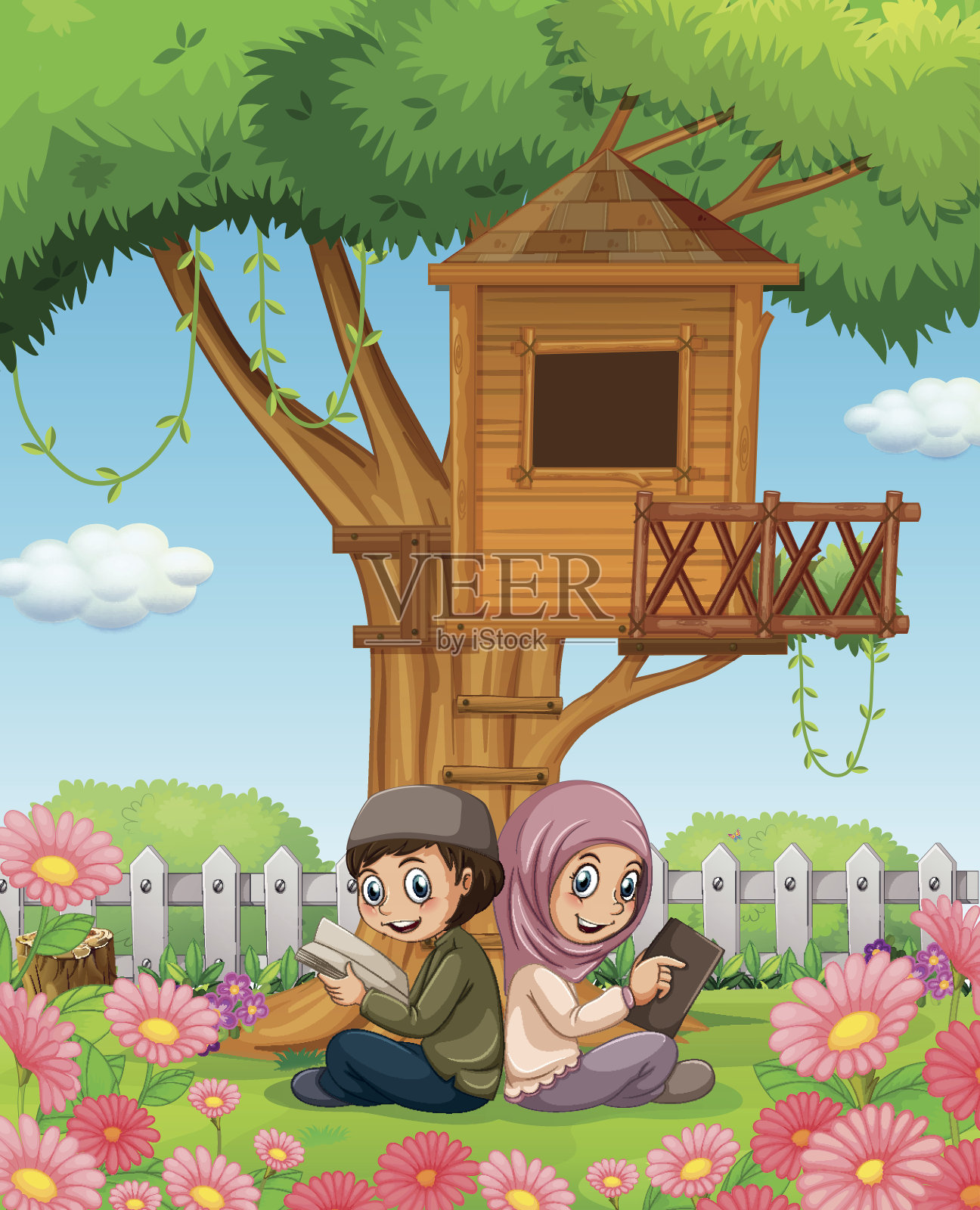 一对穆斯林夫妇在公园看书插画图片素材