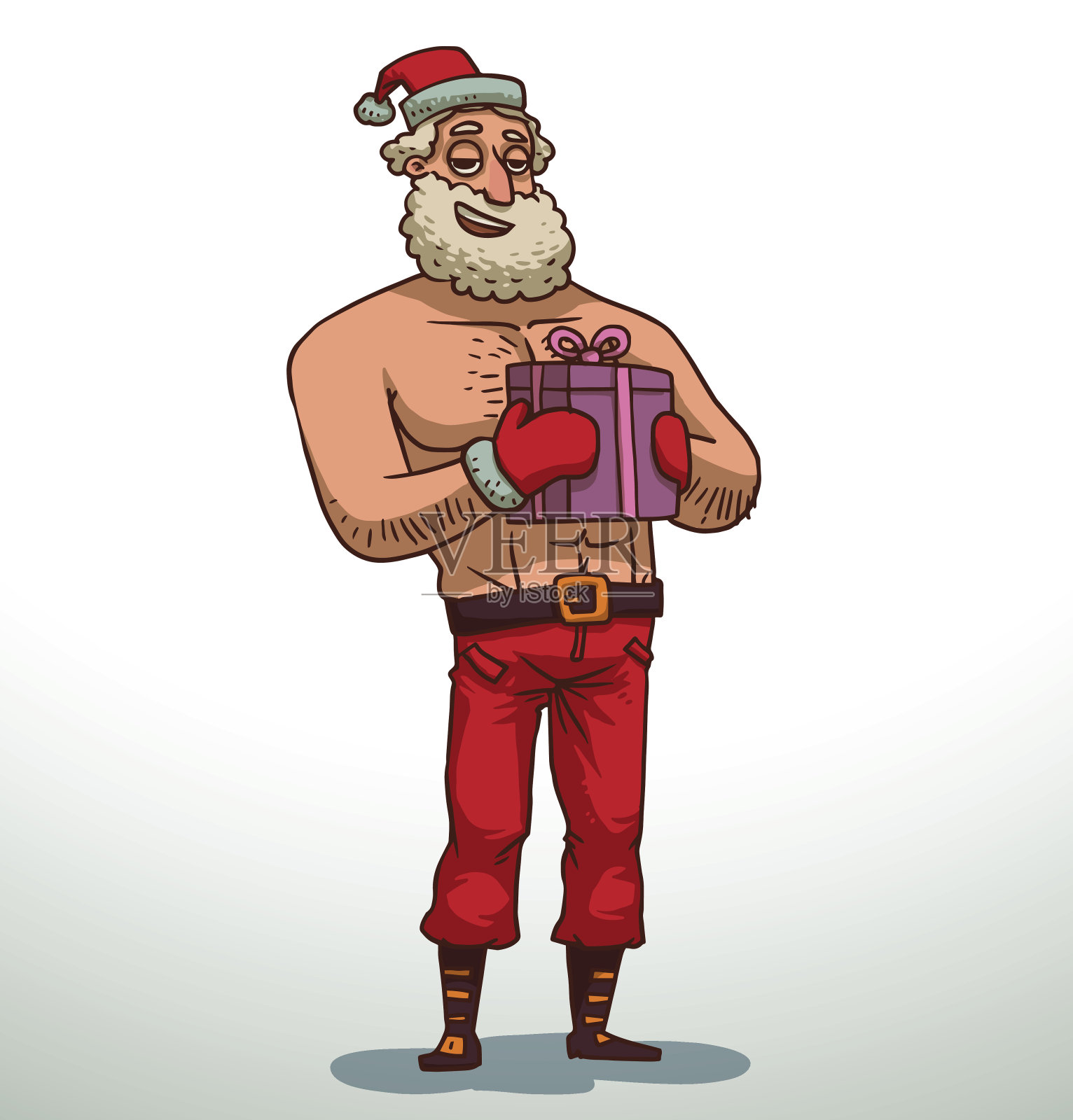 强壮的圣诞老人带着紫色的礼物插画图片素材