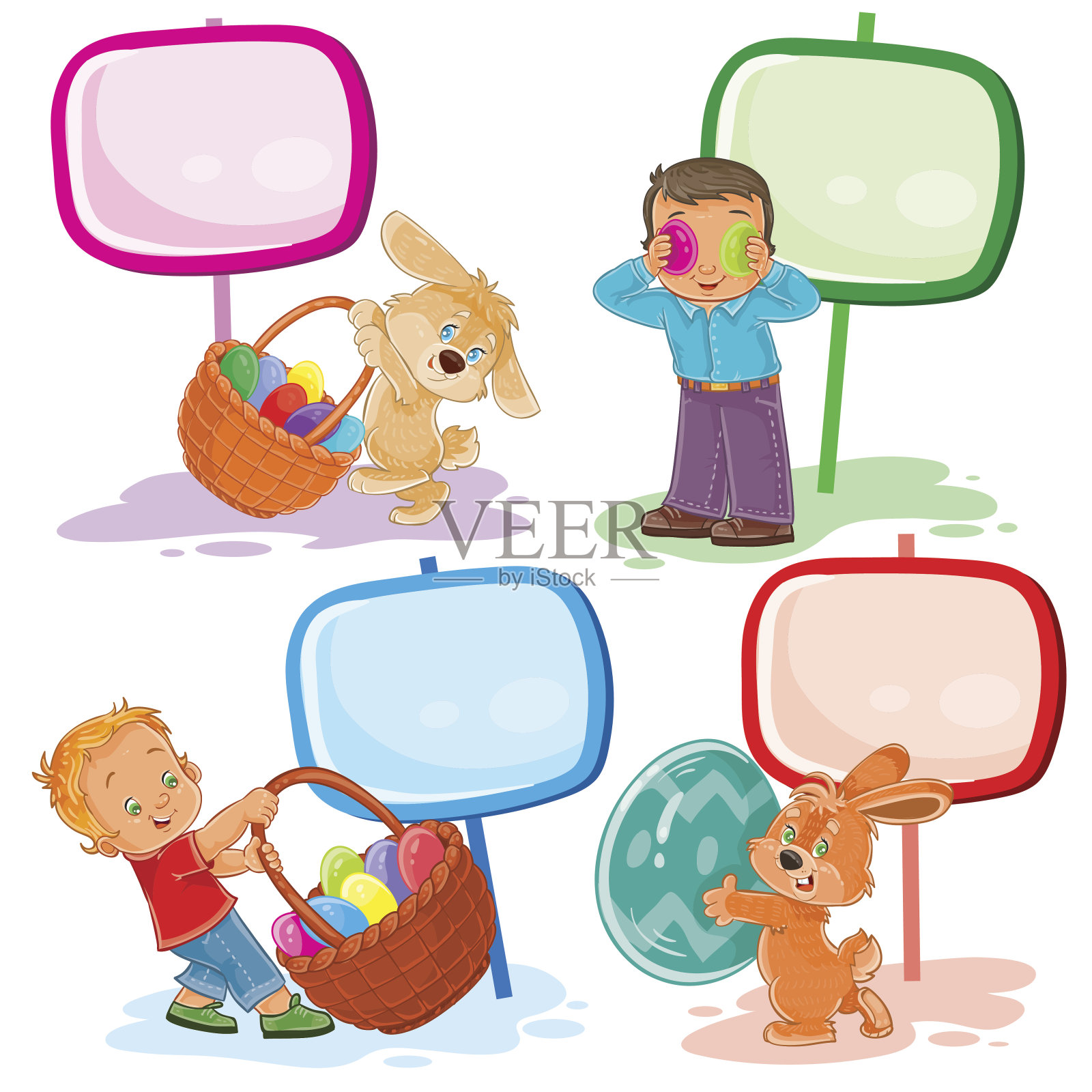 设置剪贴艺术插图与幼童复活节主题设计元素图片